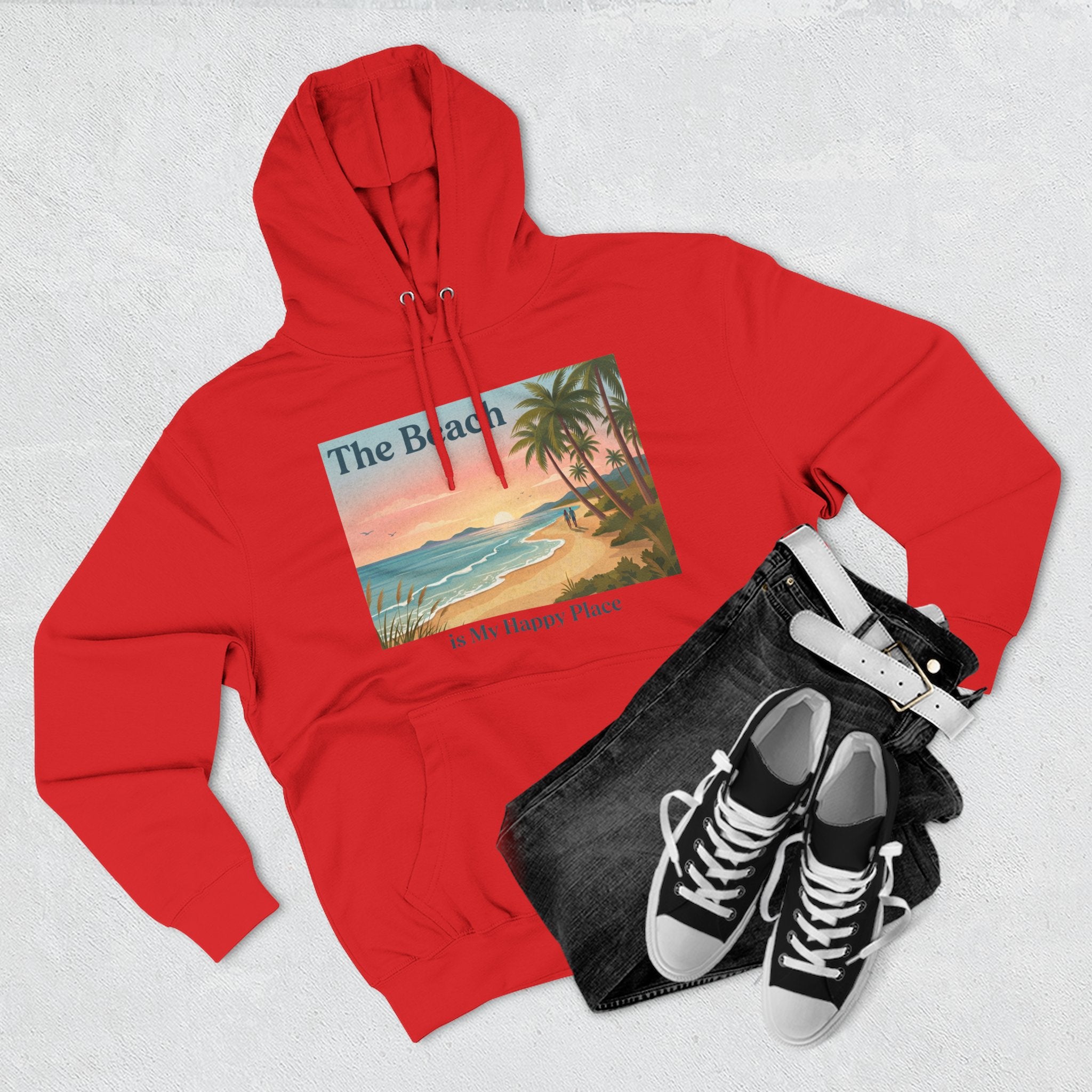 Beach Sunset Hoodie – "The Beach is My Happy Place" Coastal Palm Pullover