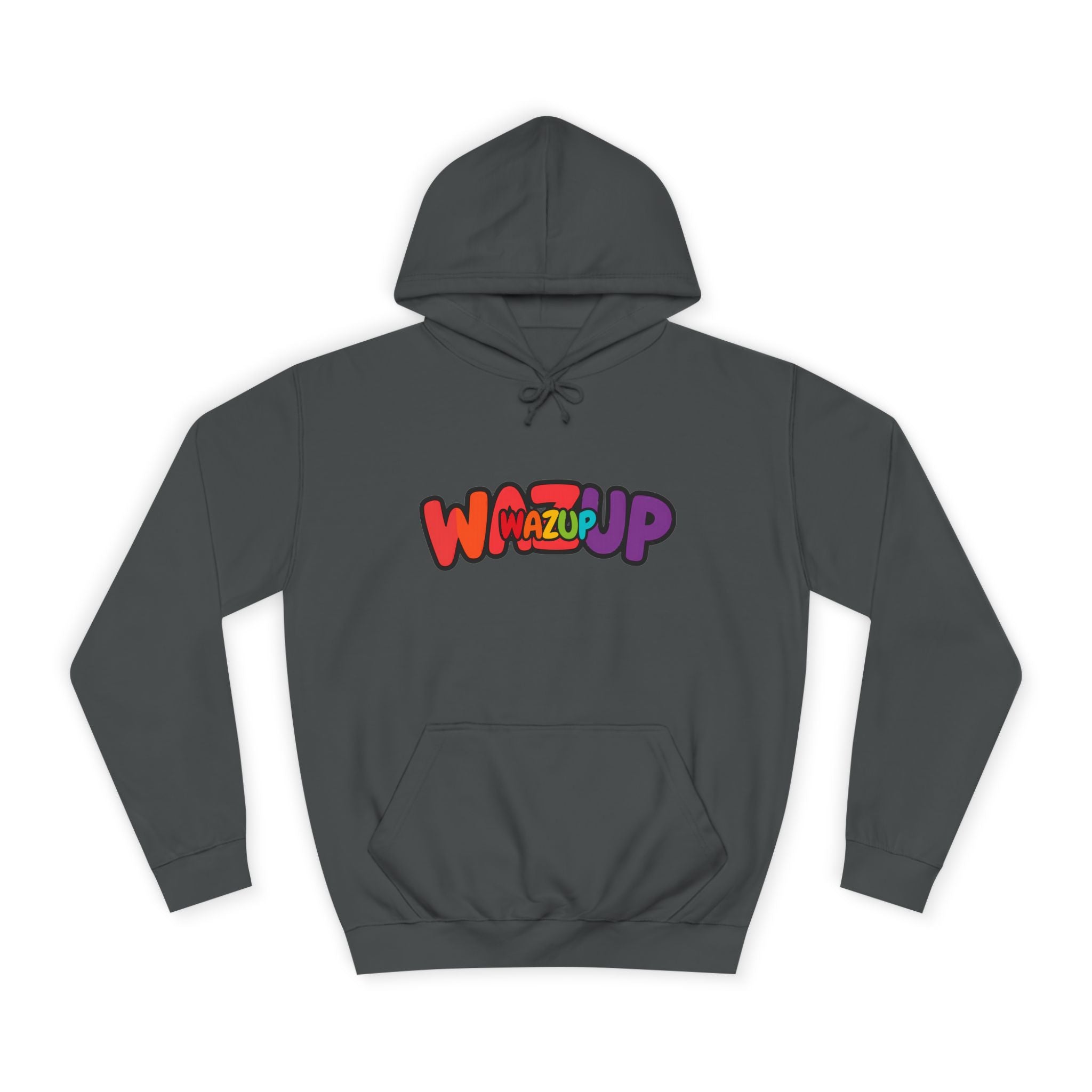 Wazup Colorburst Hoodie — Retro Bubble Letter Graphic Hooded Sweatshirt