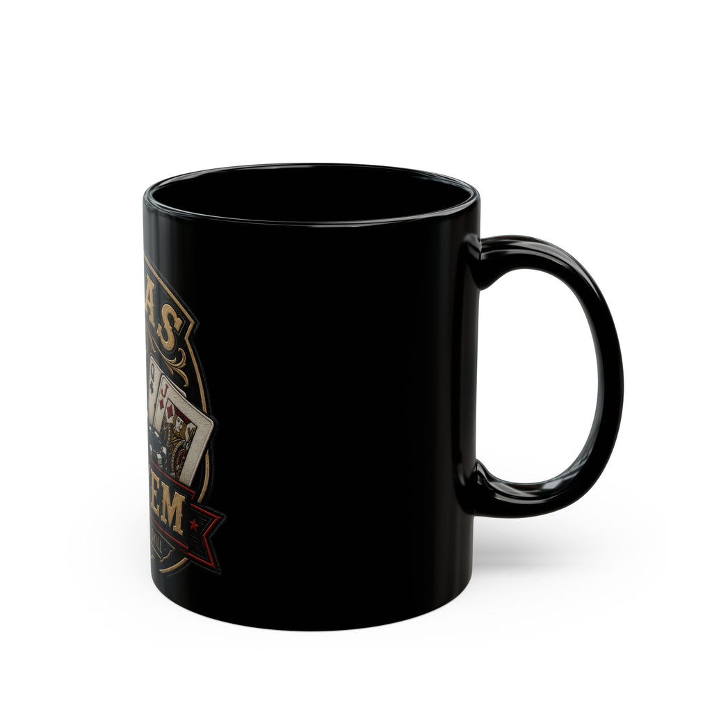 Texas Hold'em Poker Mug — Black Ceramic 11oz/15oz (Playing Cards & Chips Design)