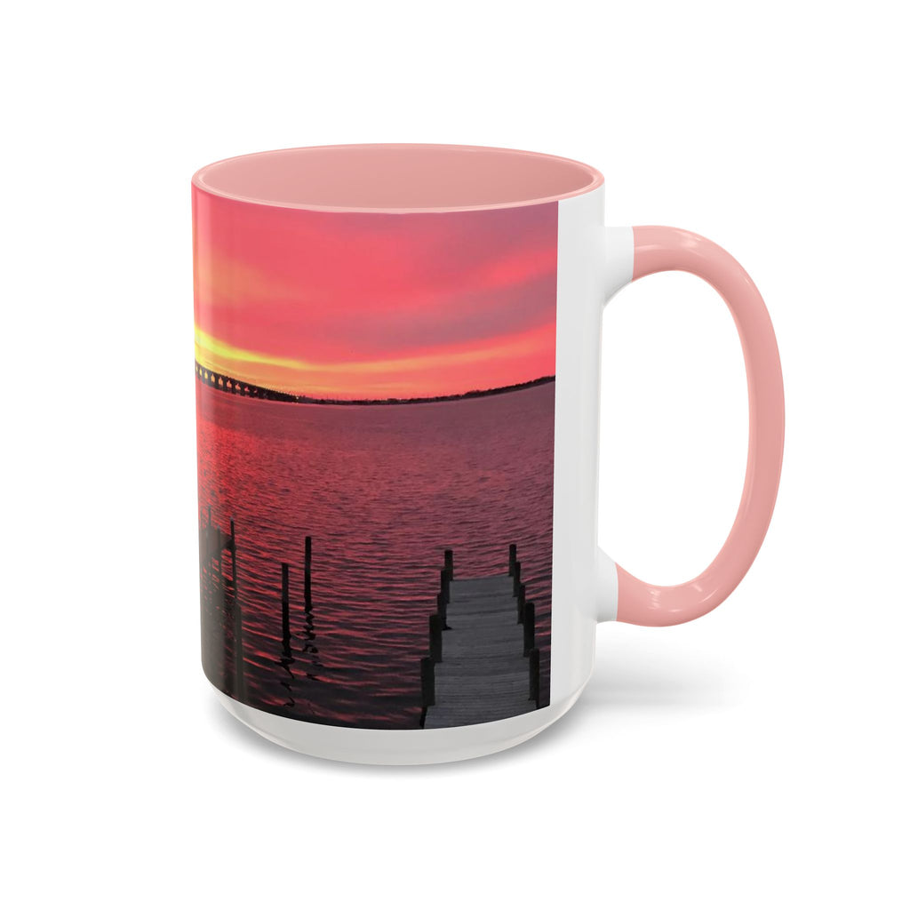 Sunset Harbor Accent Coffee Mug — Pink Sunrise Dock Scene (11/15oz)