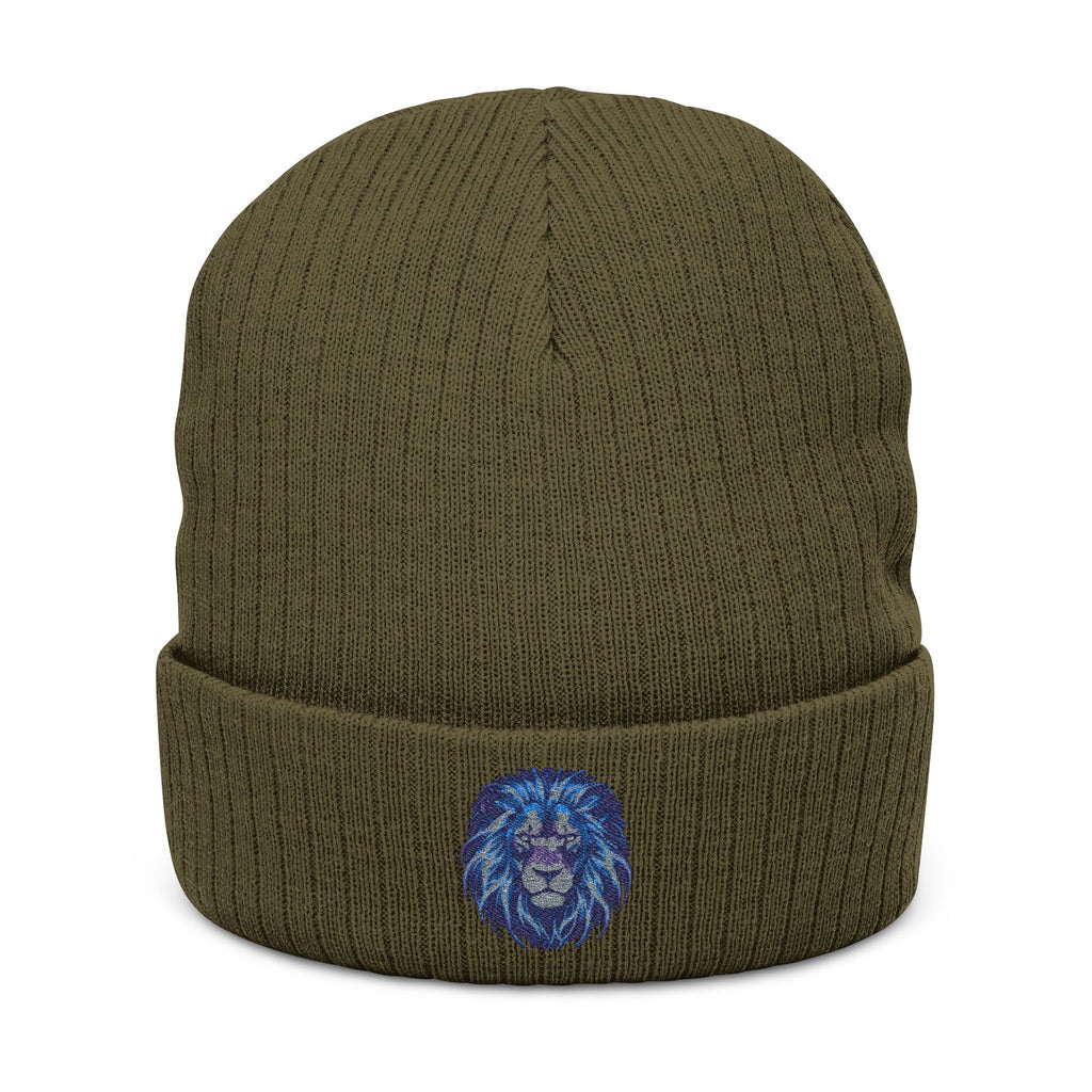 Embroidered Blue Lion Ribbed Beanie — Warm Knit Hat for Men & Women