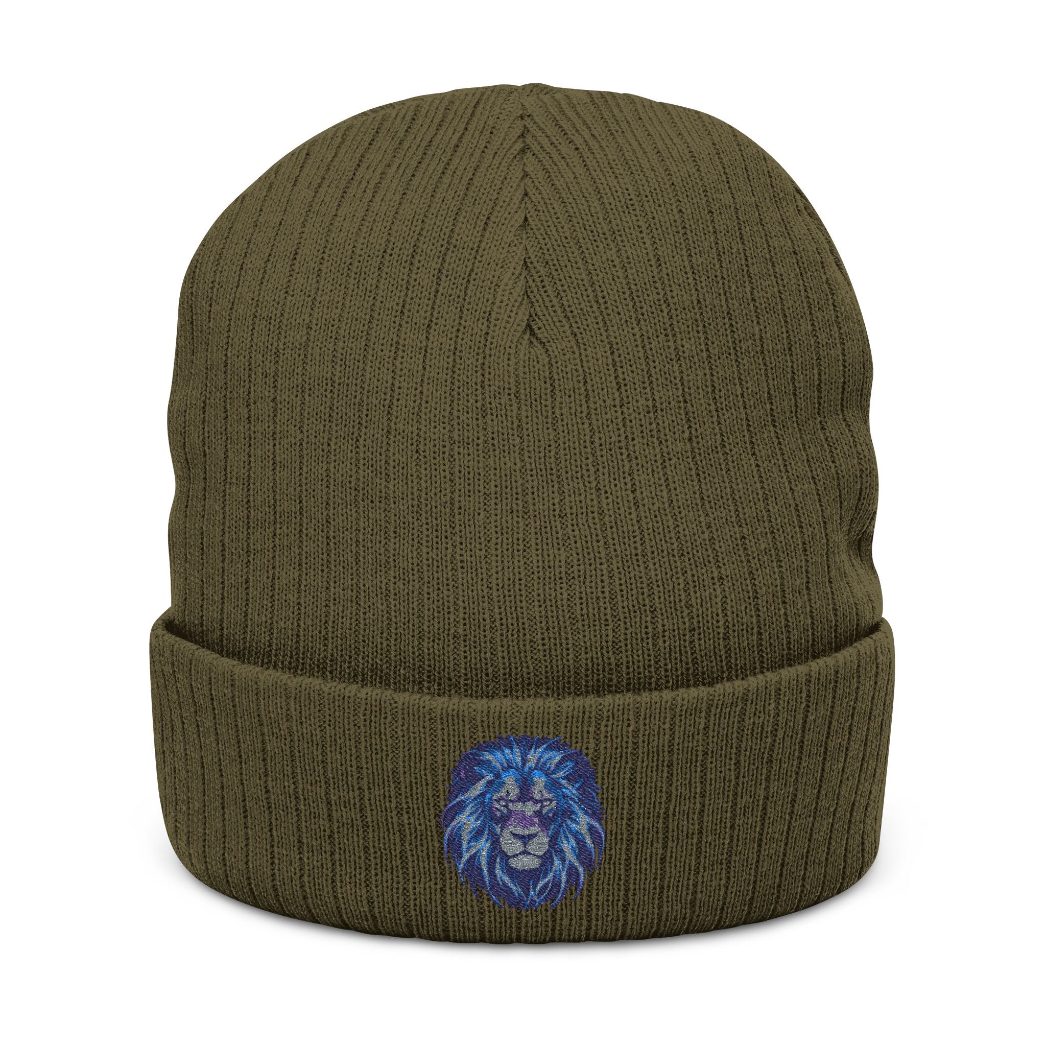 Embroidered Blue Lion Ribbed Beanie — Warm Knit Hat for Men & Women