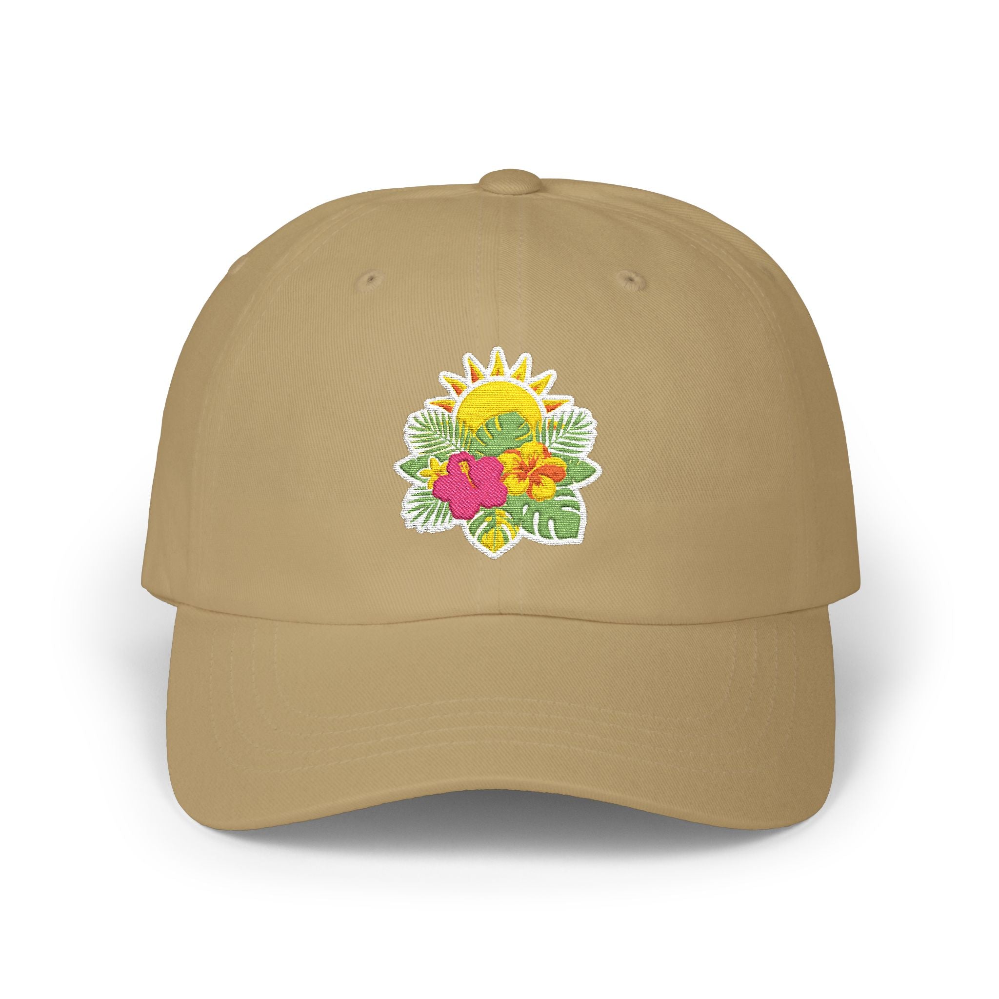Floral Sunburst Dad Cap — Embroidered Sun & Hibiscus Baseball Hat