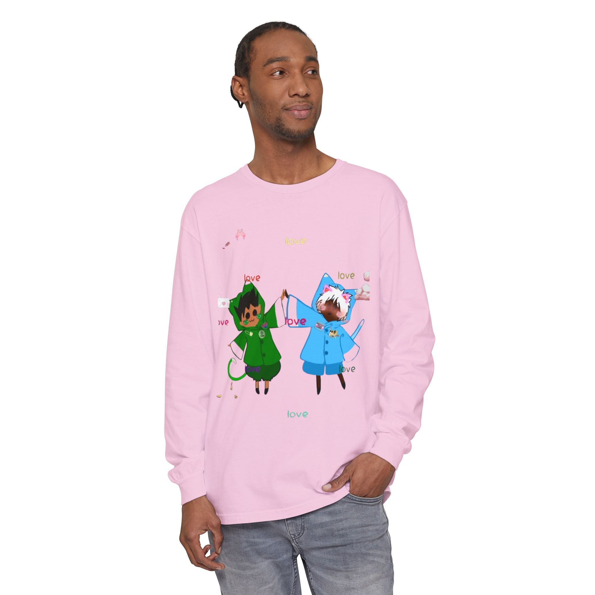Cute Rainbow Cats Holding Hands Long Sleeve Tee – "Love" Graphic
