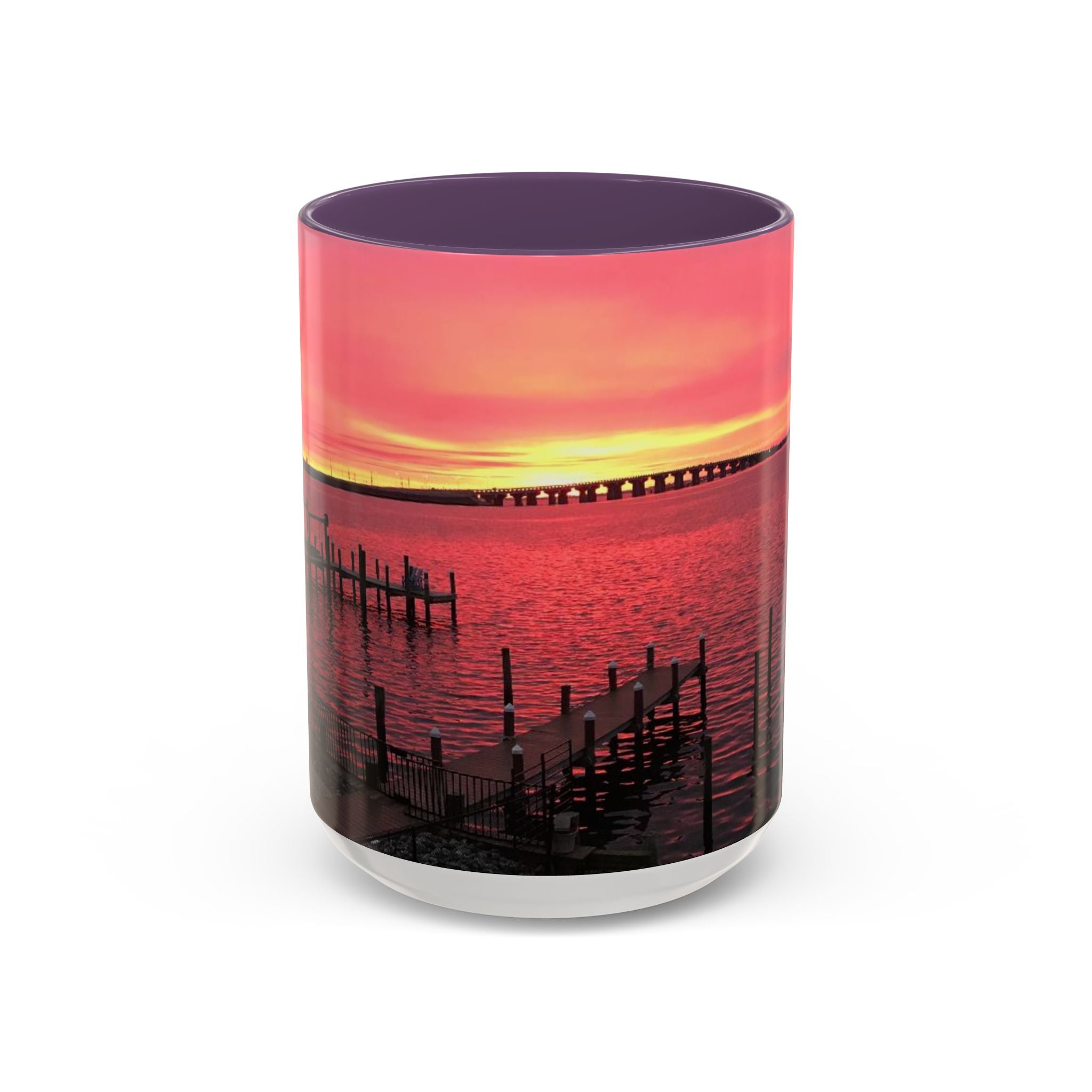 Sunset Harbor Accent Coffee Mug — Pink Sunrise Dock Scene (11/15oz)