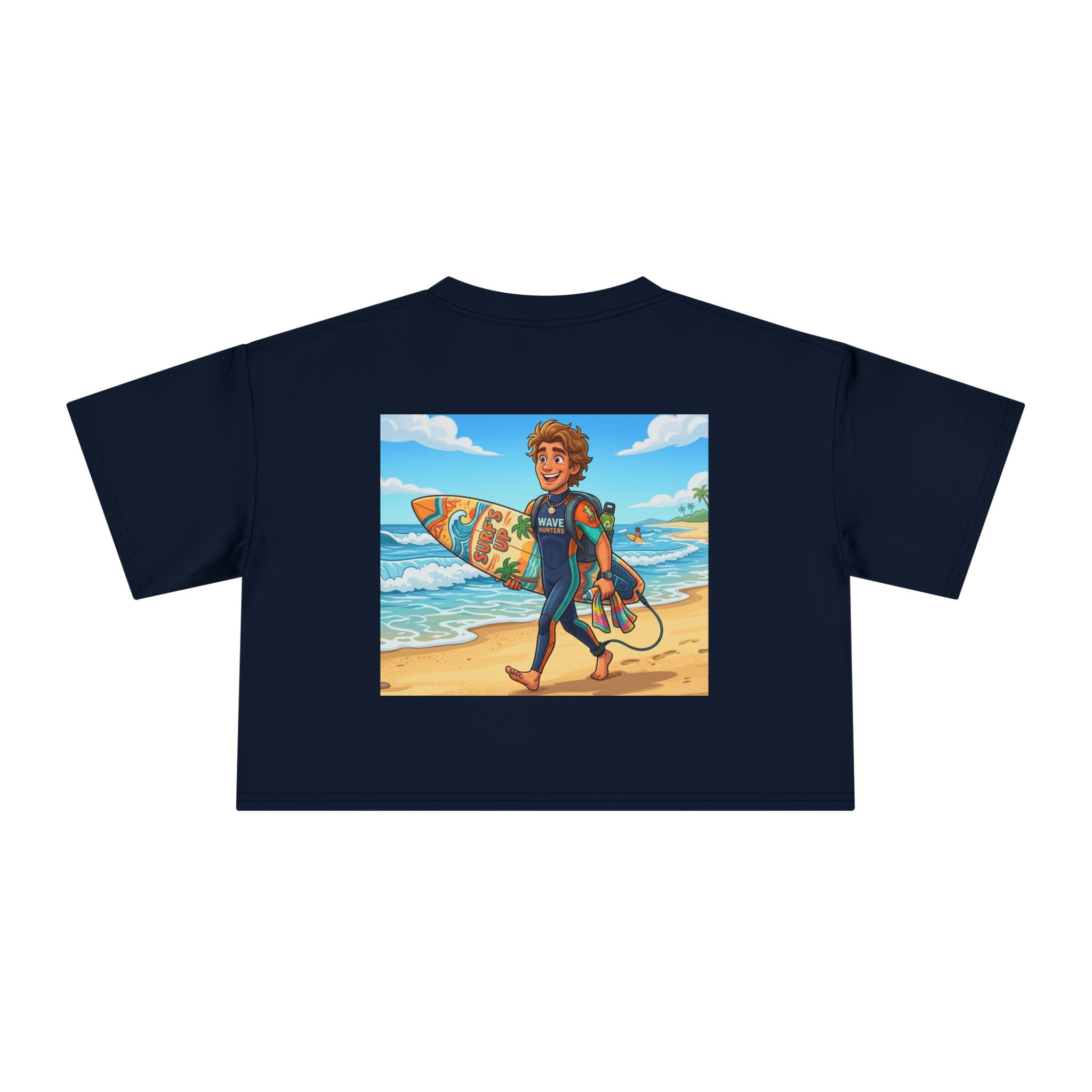 Surf Girl Crop Tee — Colorful Cartoon Surfer Beach Graphic