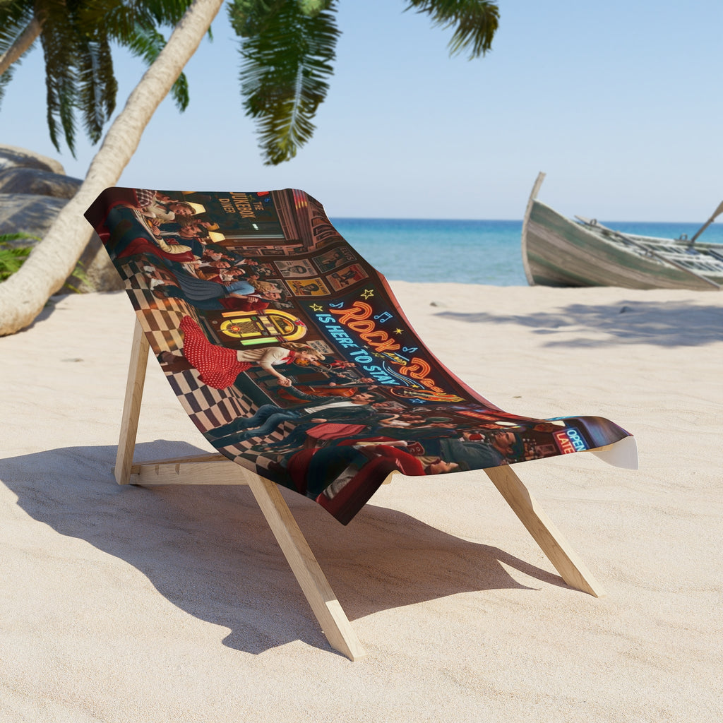 Rock & Roll Diner Beach Towel – 'Rock and Roll Is Here to Stay' Vintage 50s Dance Design