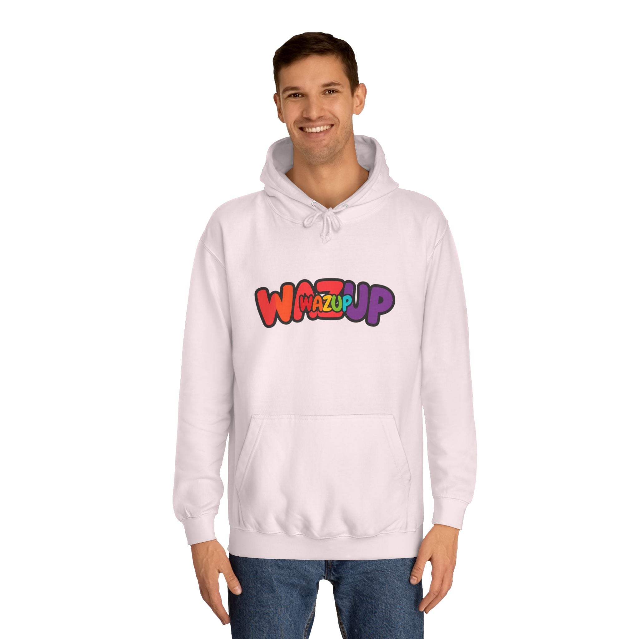 Wazup Colorburst Hoodie — Retro Bubble Letter Graphic Hooded Sweatshirt