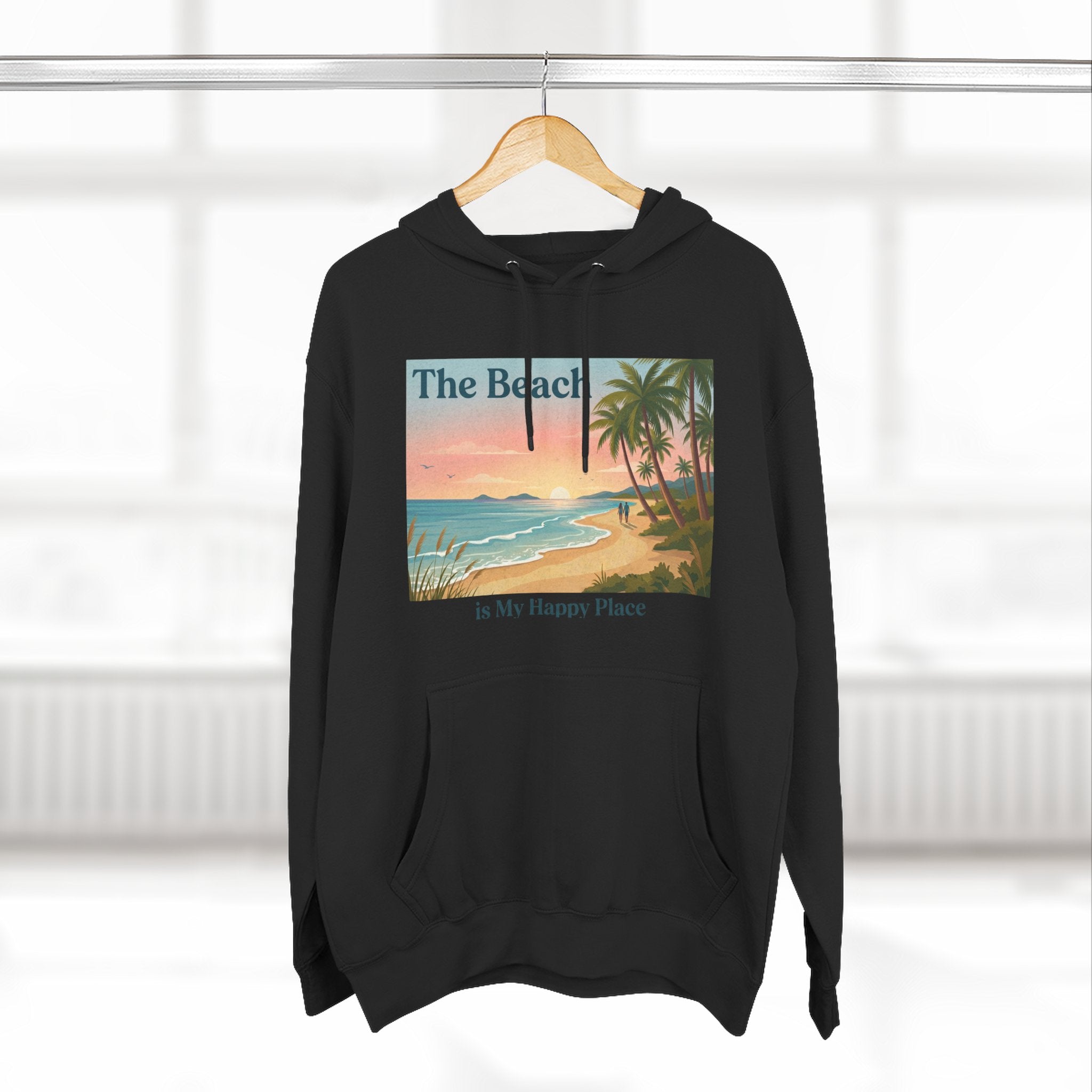 Beach Sunset Hoodie – "The Beach is My Happy Place" Coastal Palm Pullover