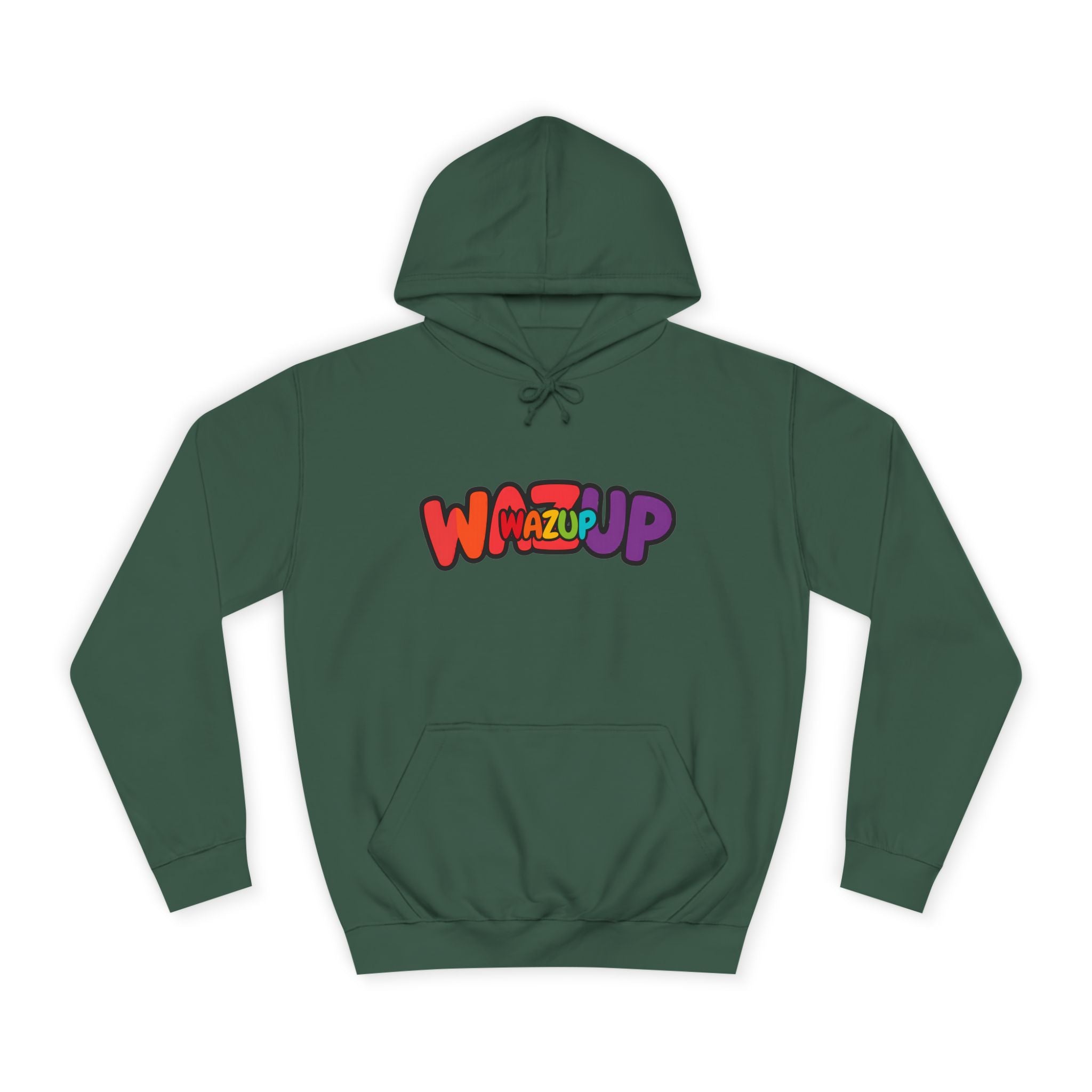 Wazup Colorburst Hoodie — Retro Bubble Letter Graphic Hooded Sweatshirt