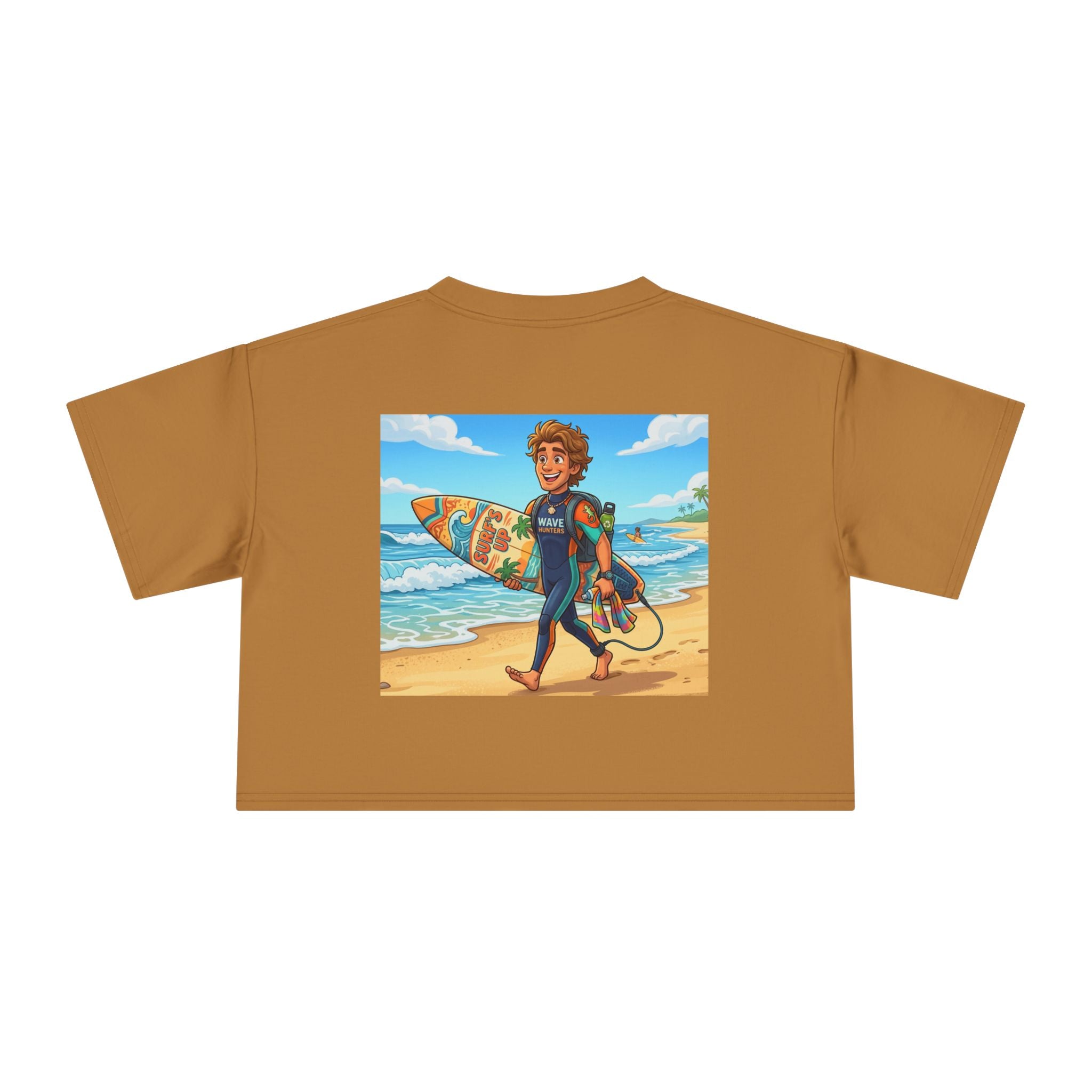 Surf Girl Crop Tee — Colorful Cartoon Surfer Beach Graphic