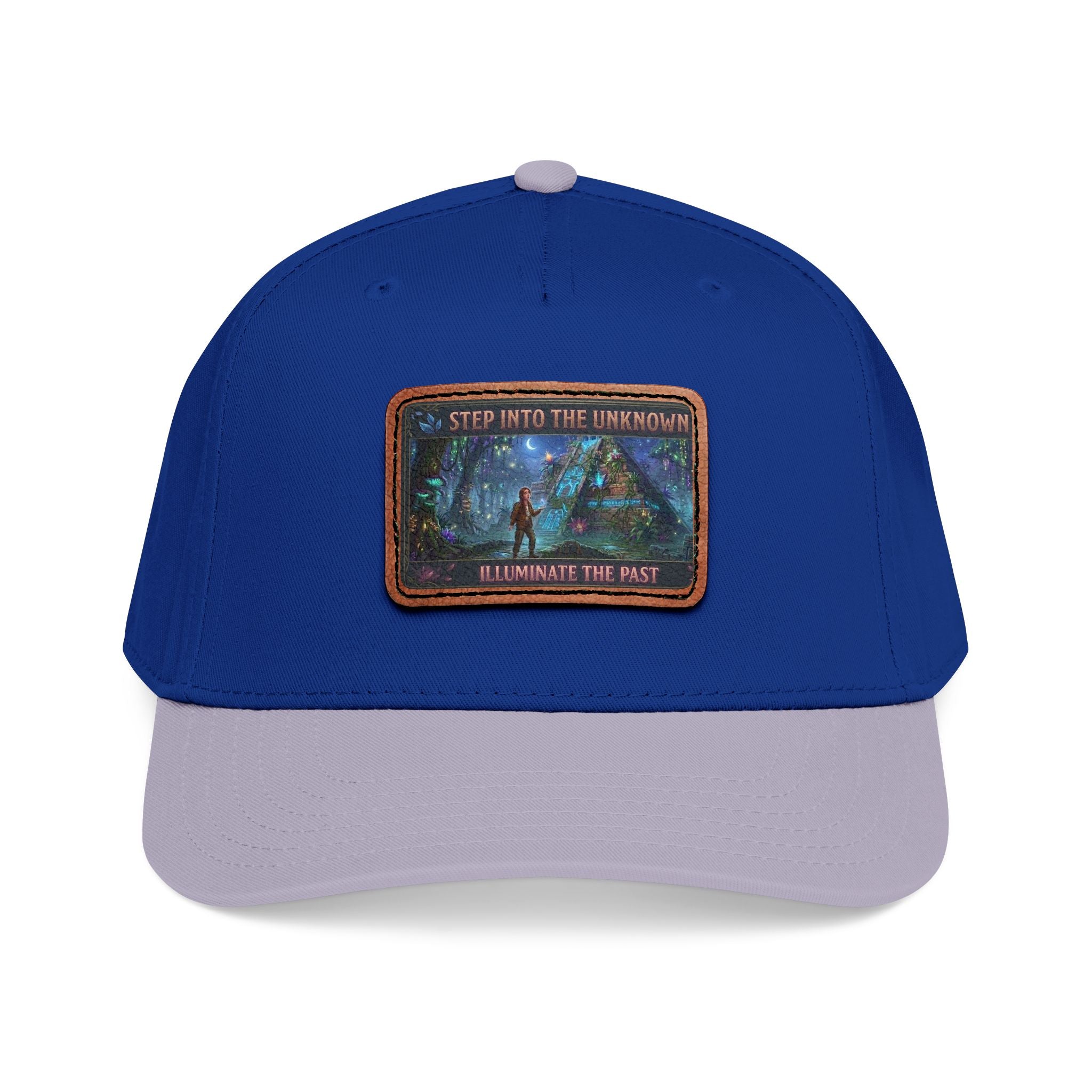 Leather Patch Baseball Cap — "Step Into the Unknown, Illuminate the Past" Forest Adventure Design