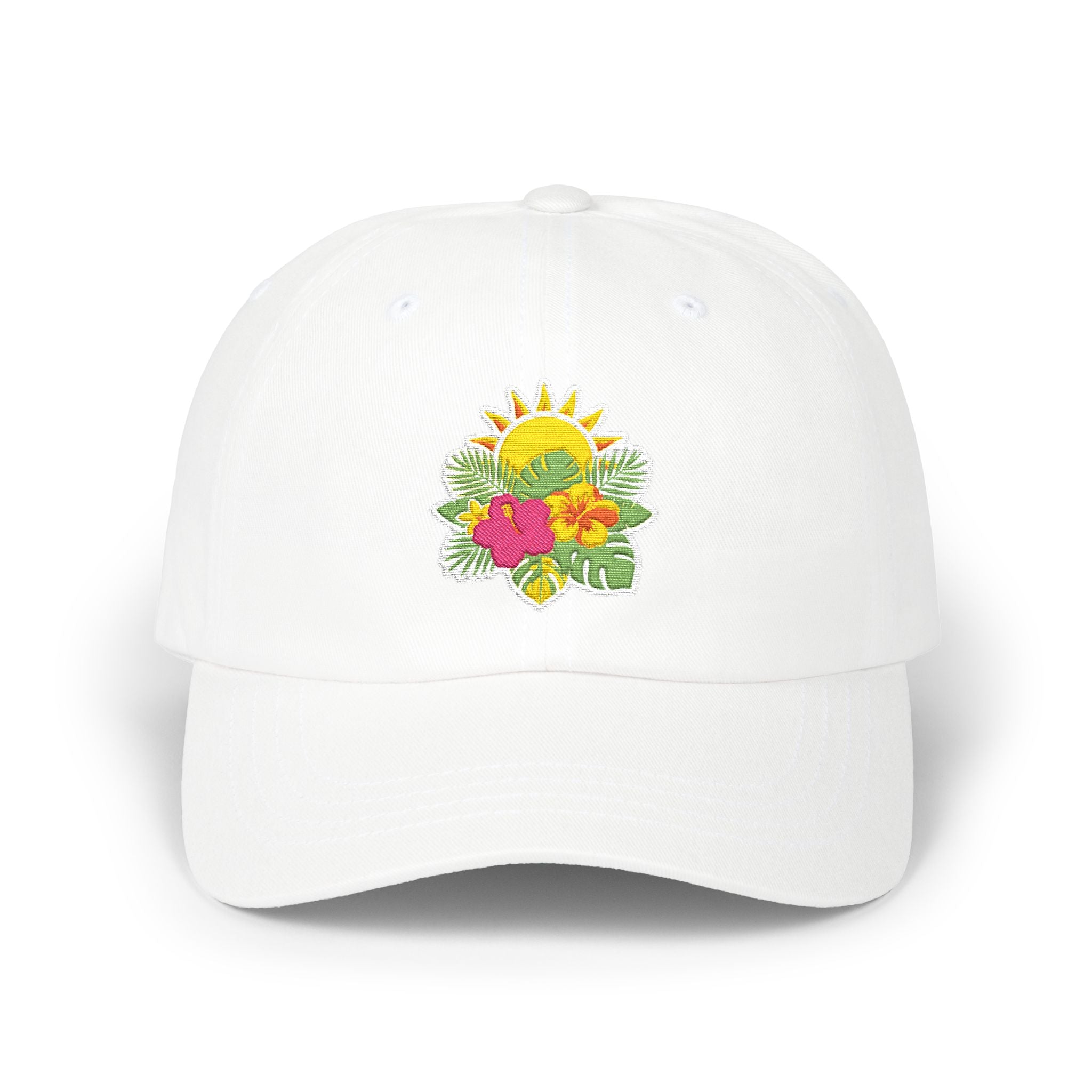 Floral Sunburst Dad Cap — Embroidered Sun & Hibiscus Baseball Hat