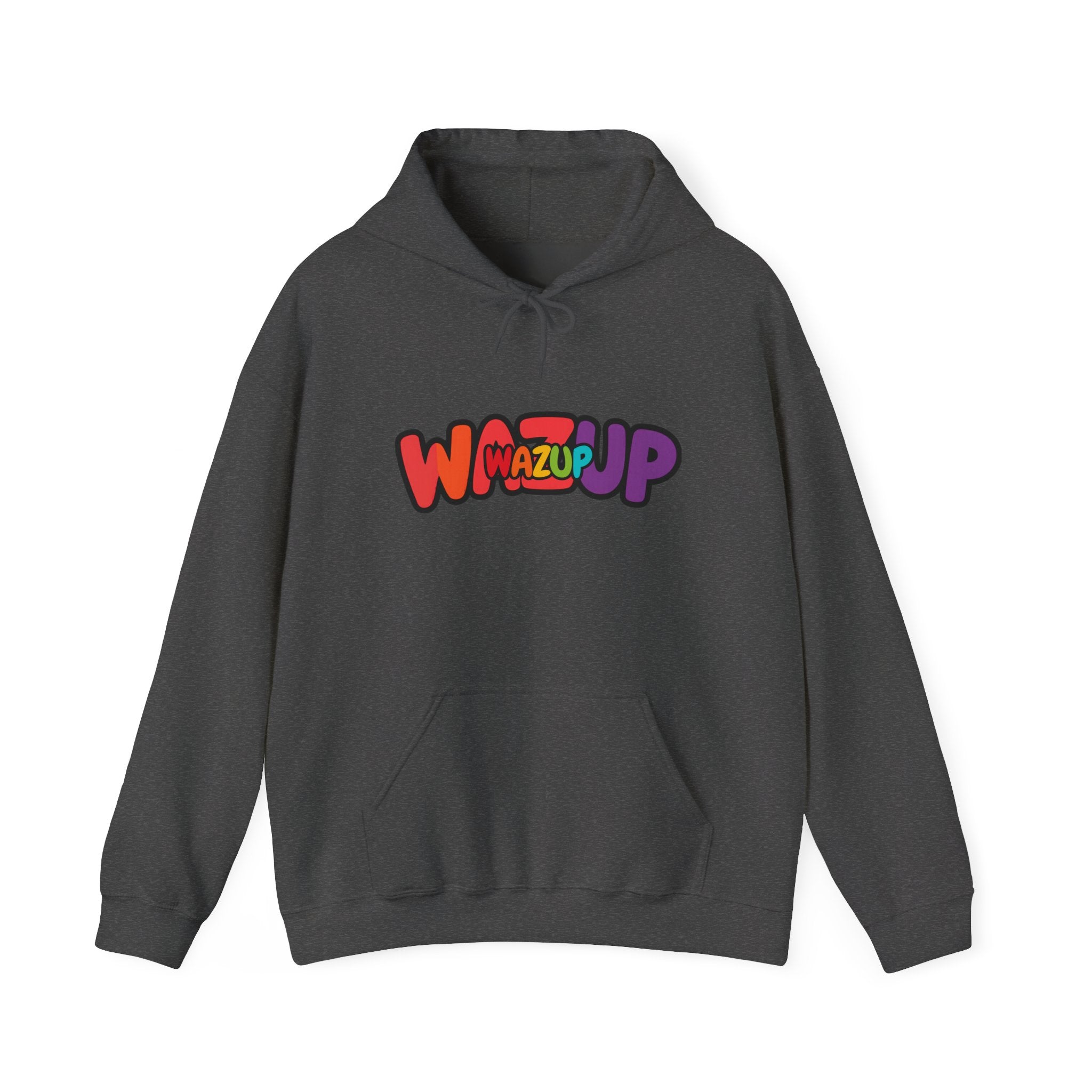 Wazup Rainbow Logo Hoodie — Colorful Retro Graphic Sweatshirt
