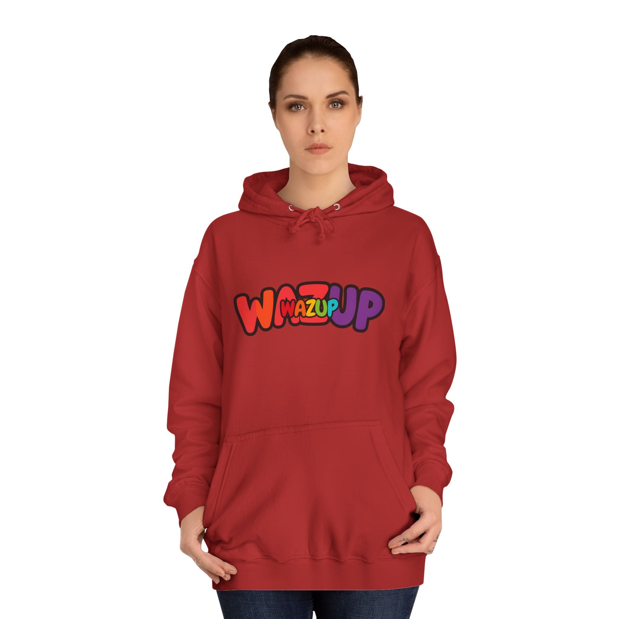 Wazup Colorburst Hoodie — Retro Bubble Letter Graphic Hooded Sweatshirt