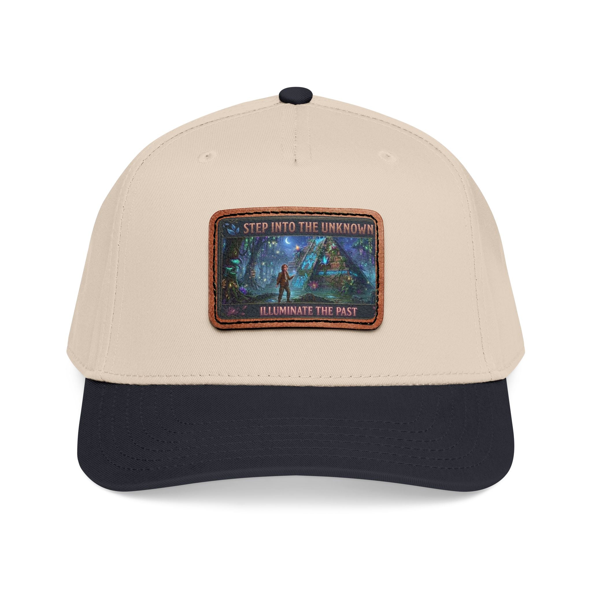 Leather Patch Baseball Cap — "Step Into the Unknown, Illuminate the Past" Forest Adventure Design