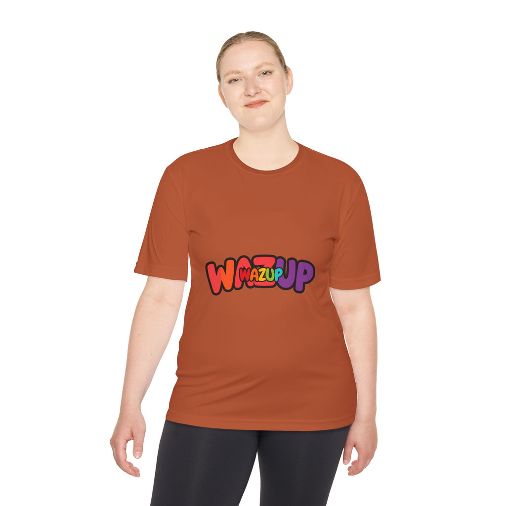 Wazup Colorblock Graphic Tee — Retro Pop 'Wazup' Moisture-Wicking Shirt