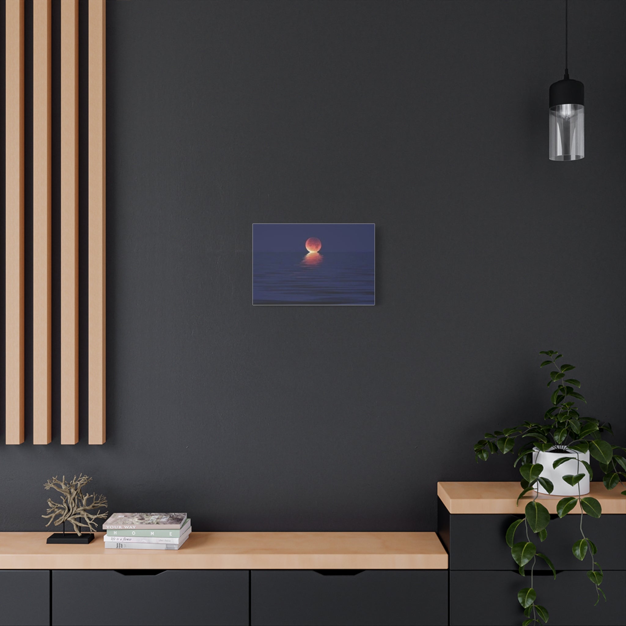 Lunar Reflection Canvas Art — Moonrise Over Calm Sea Stretched Matte Wall Art