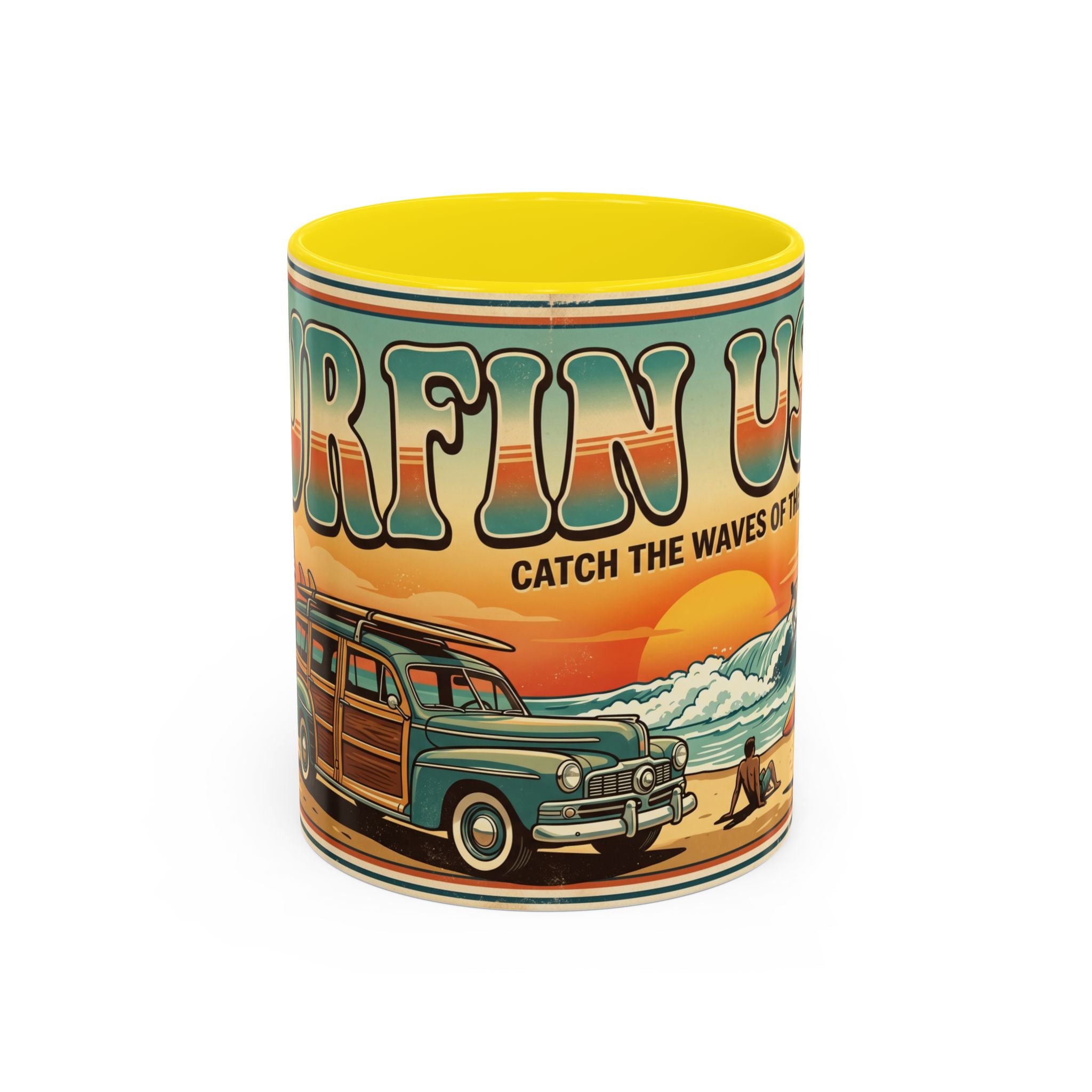 Surfing USA Coffee Mug — Retro Beach Vintage Surfboard Sunset Design