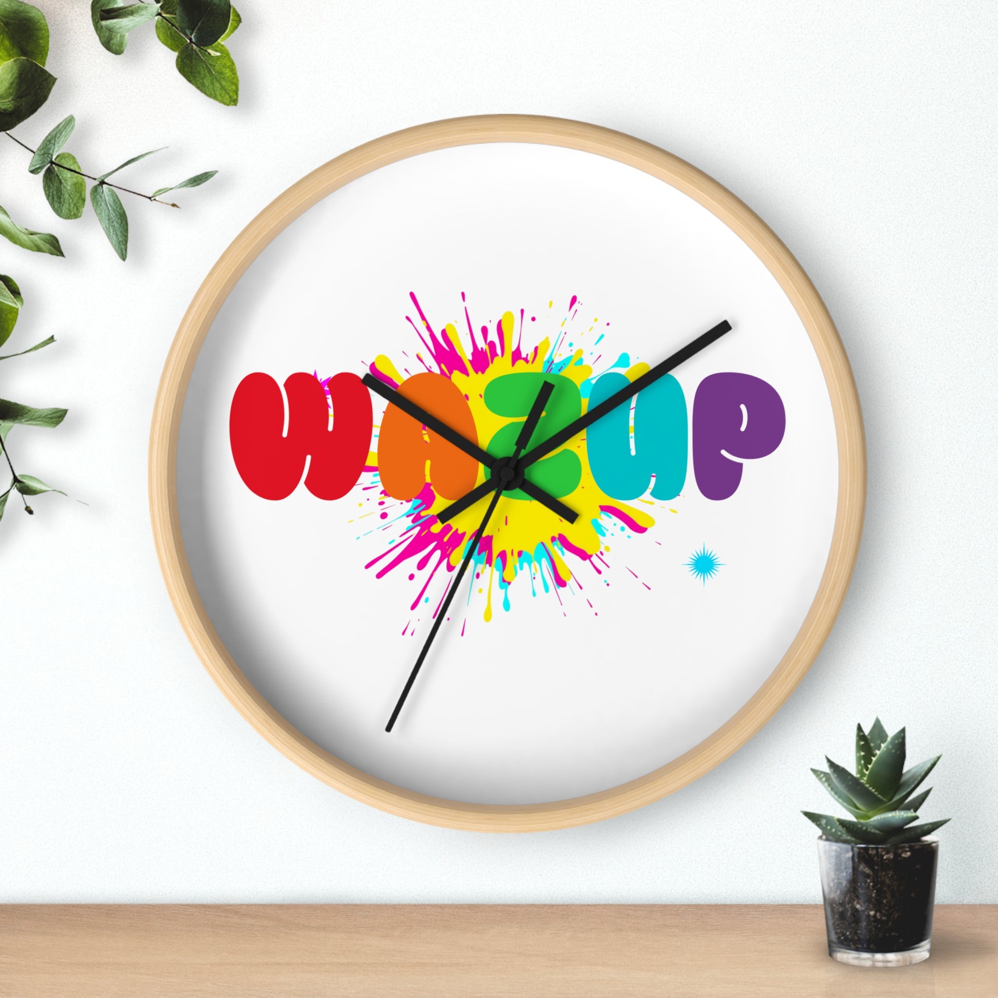 Wake Up Color Splash Wall Clock — Vibrant Rainbow Typography Home Decor