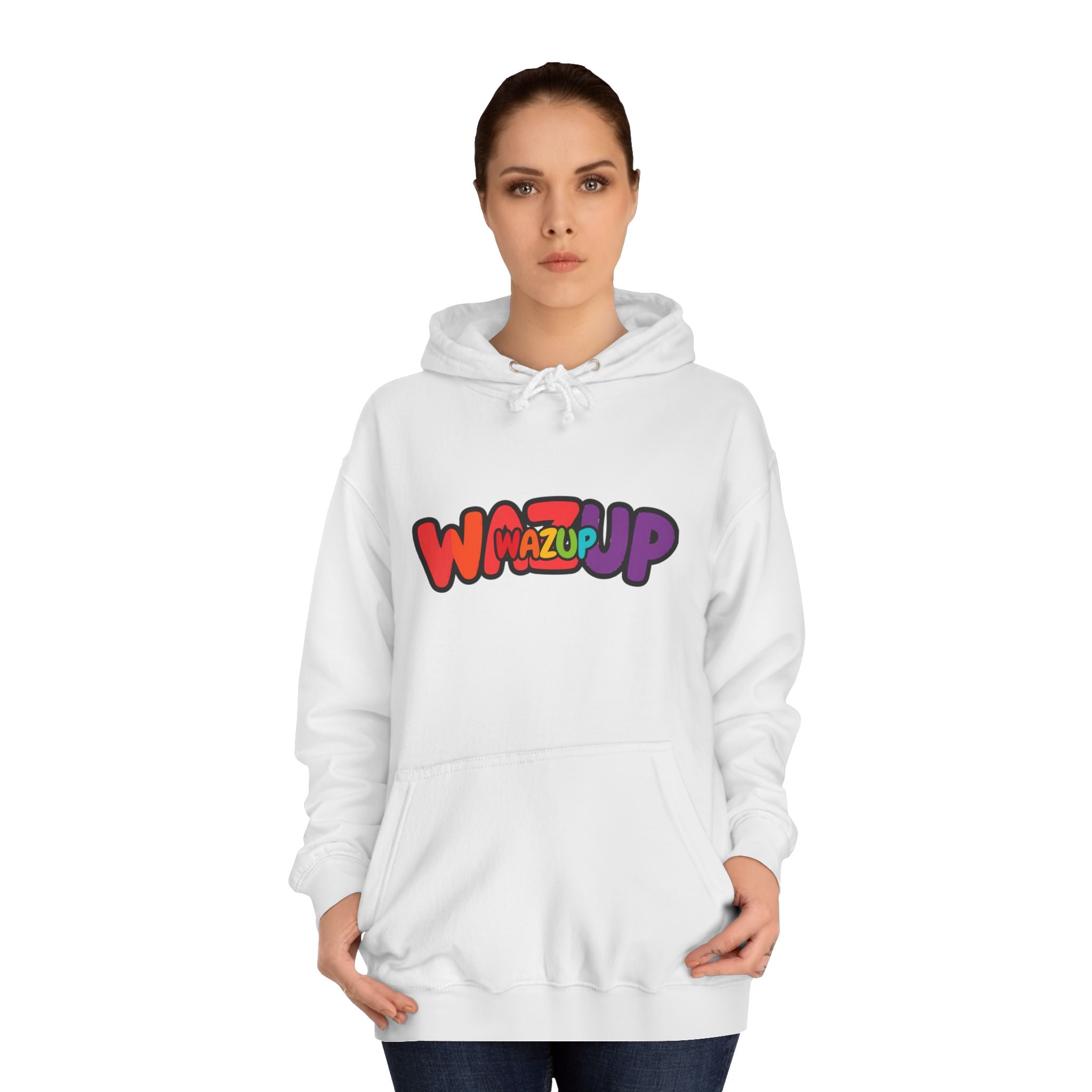 Wazup Colorburst Hoodie — Retro Bubble Letter Graphic Hooded Sweatshirt