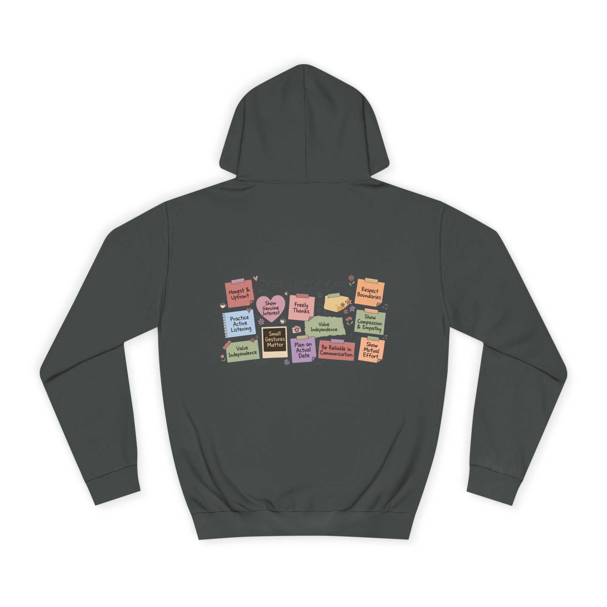 College Hoodie — Retro Sticky Notes Back Print, Cute Study Vibes