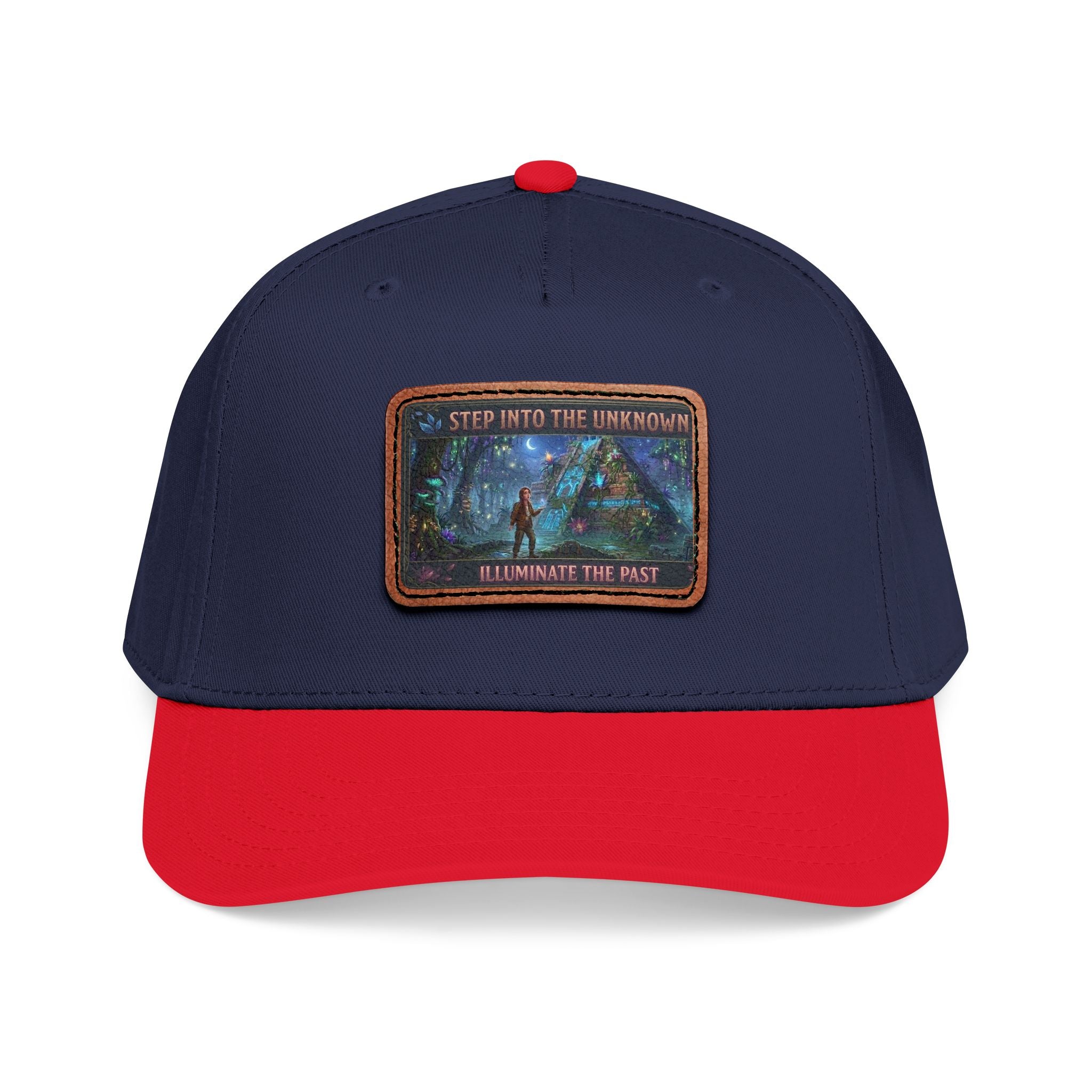 Leather Patch Baseball Cap — "Step Into the Unknown, Illuminate the Past" Forest Adventure Design
