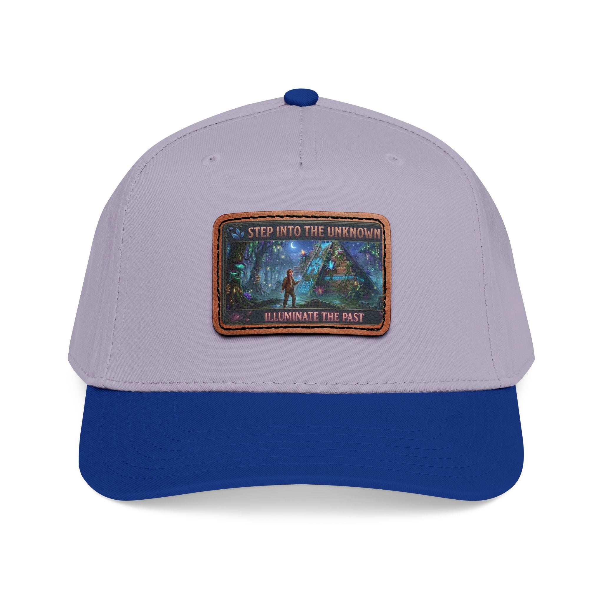 Leather Patch Baseball Cap — "Step Into the Unknown, Illuminate the Past" Forest Adventure Design