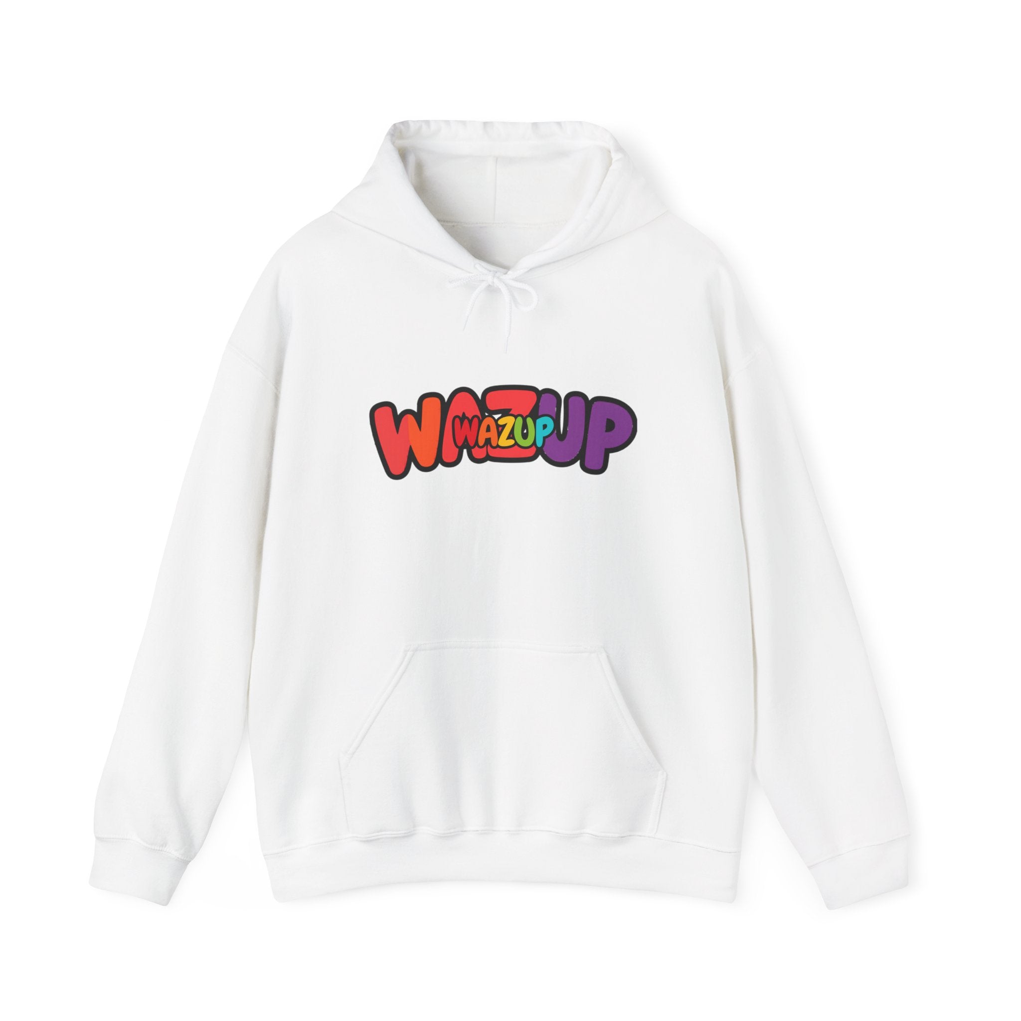 Wazup Rainbow Logo Hoodie — Colorful Retro Graphic Sweatshirt
