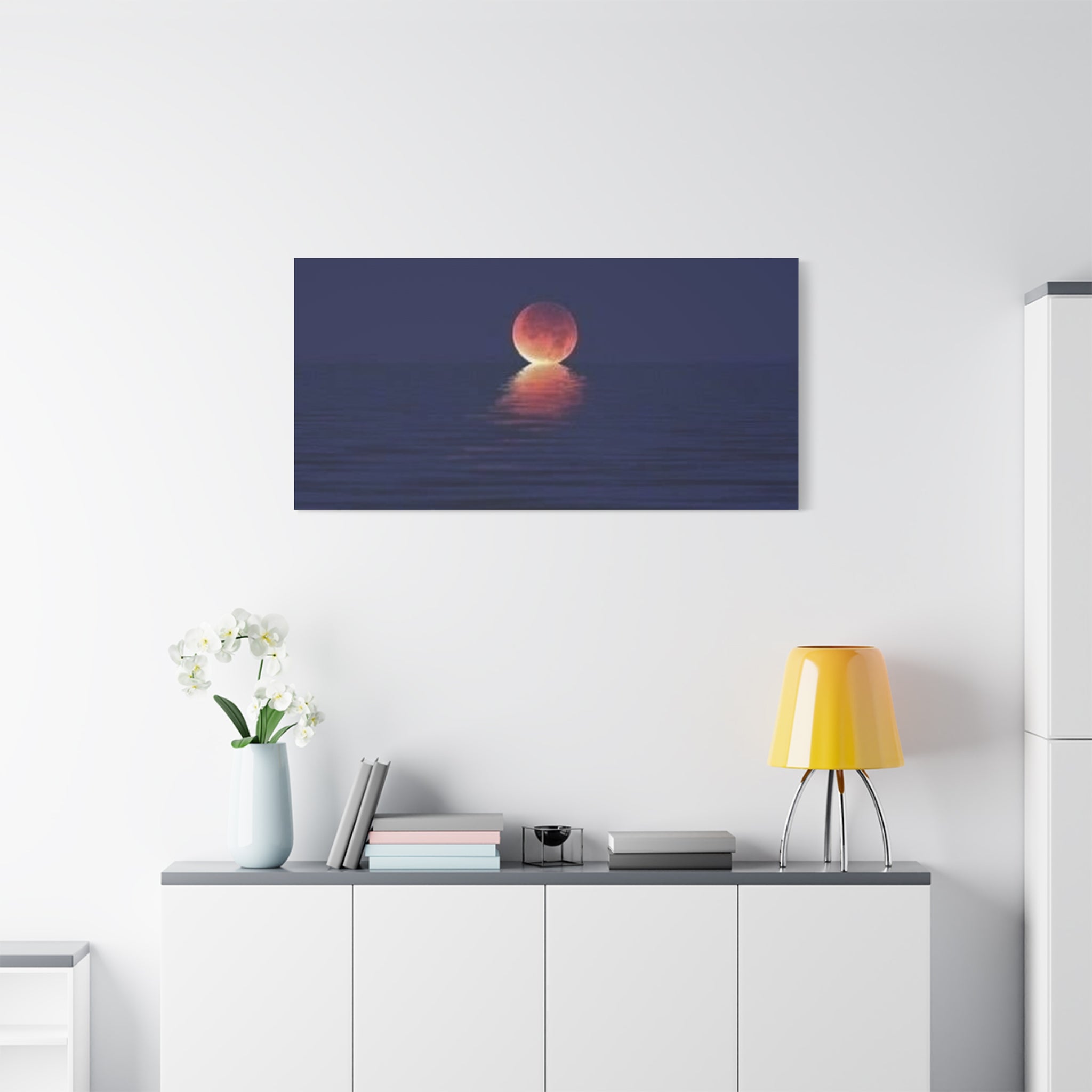 Lunar Reflection Canvas Art — Moonrise Over Calm Sea Stretched Matte Wall Art