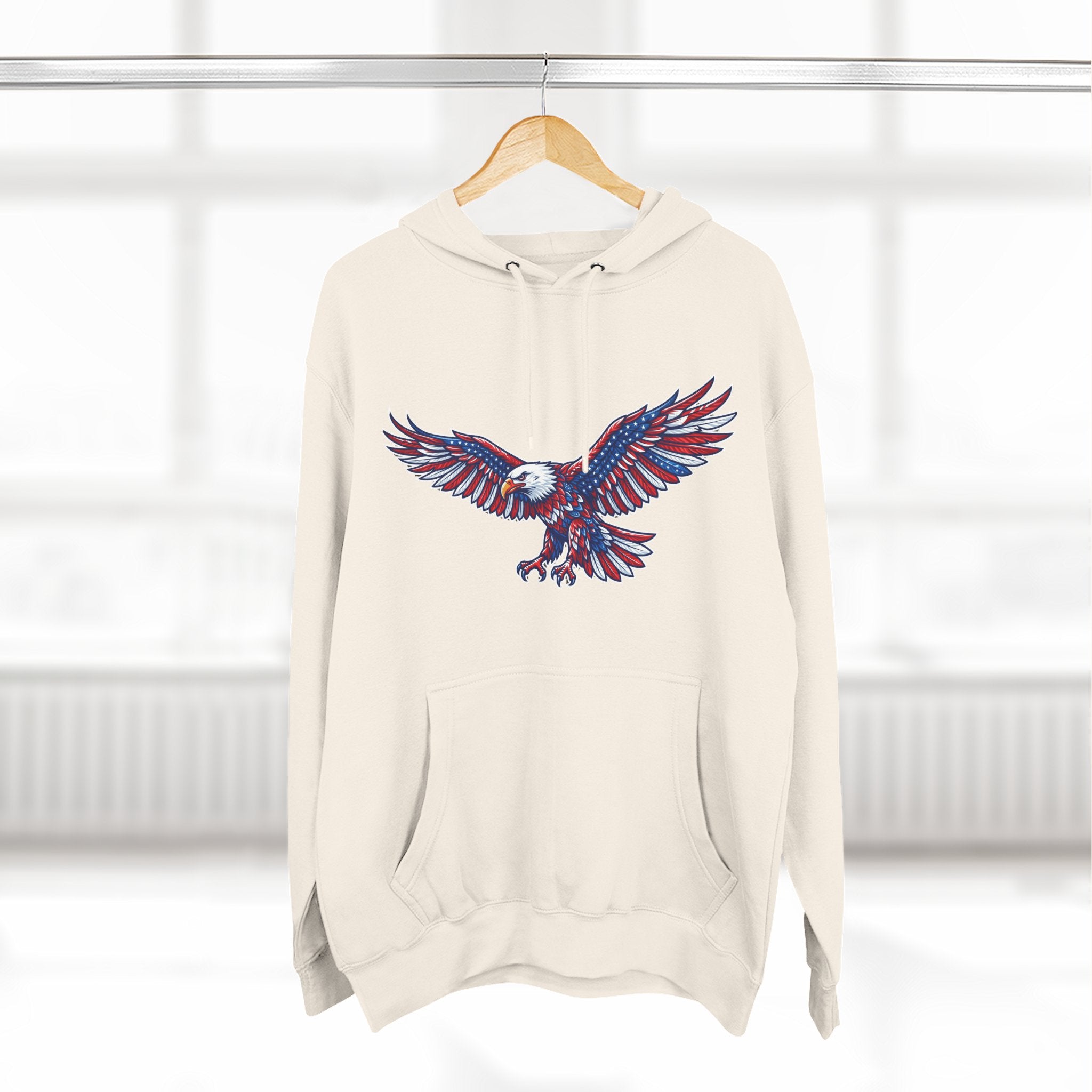 Eagle Flight Hoodie — Patriotic Red & Blue Soaring Eagle Graphic