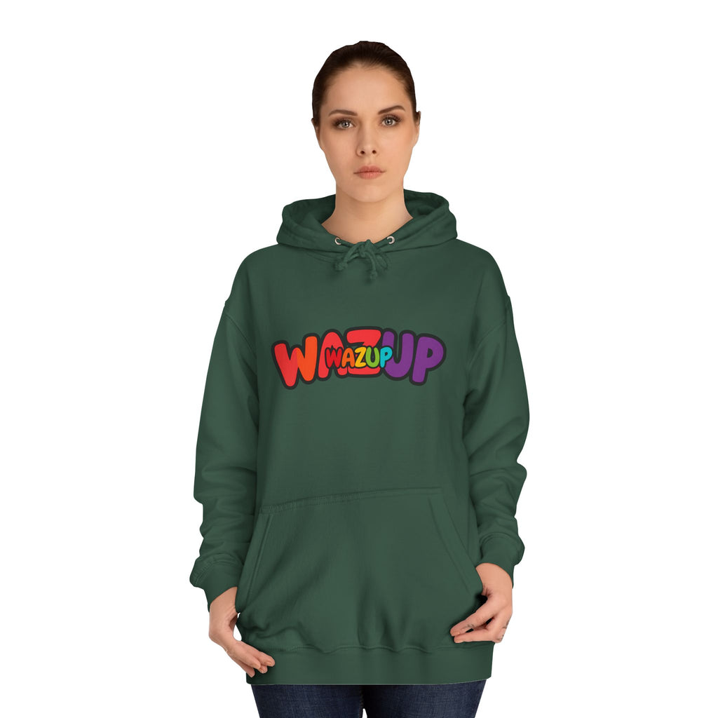 Wazup Colorburst Hoodie — Retro Bubble Letter Graphic Hooded Sweatshirt