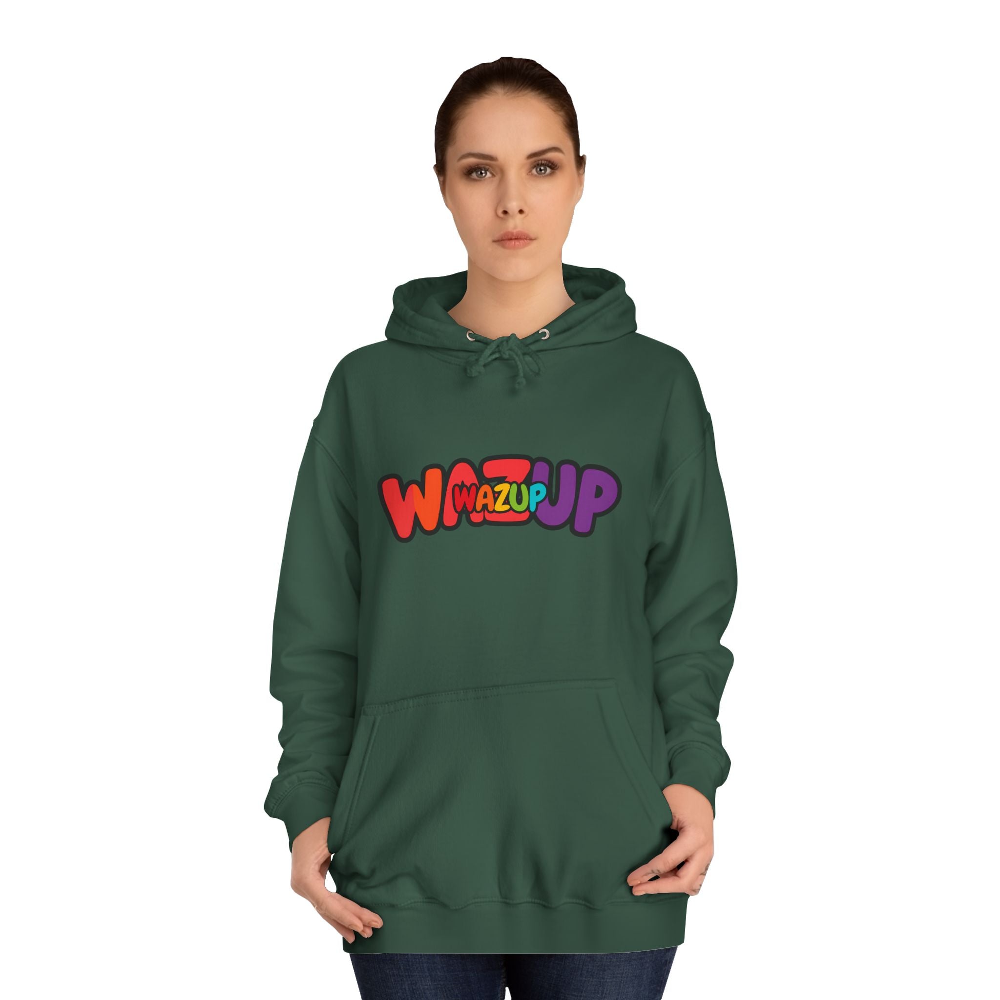 Wazup Colorburst Hoodie — Retro Bubble Letter Graphic Hooded Sweatshirt