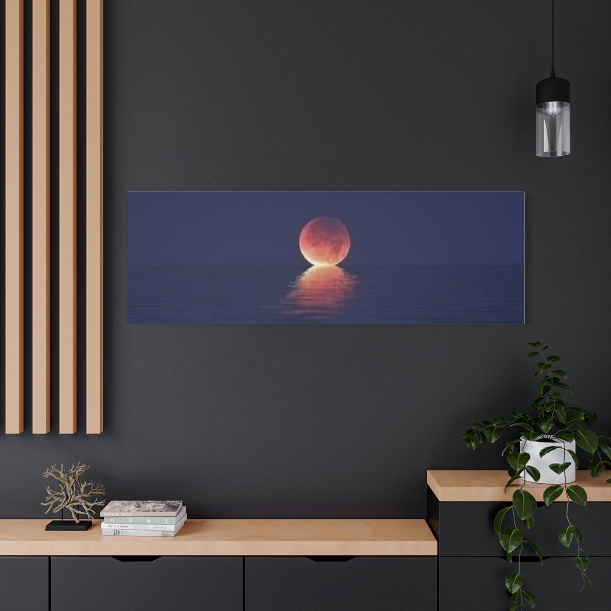 Lunar Reflection Canvas Art — Moonrise Over Calm Sea Stretched Matte Wall Art