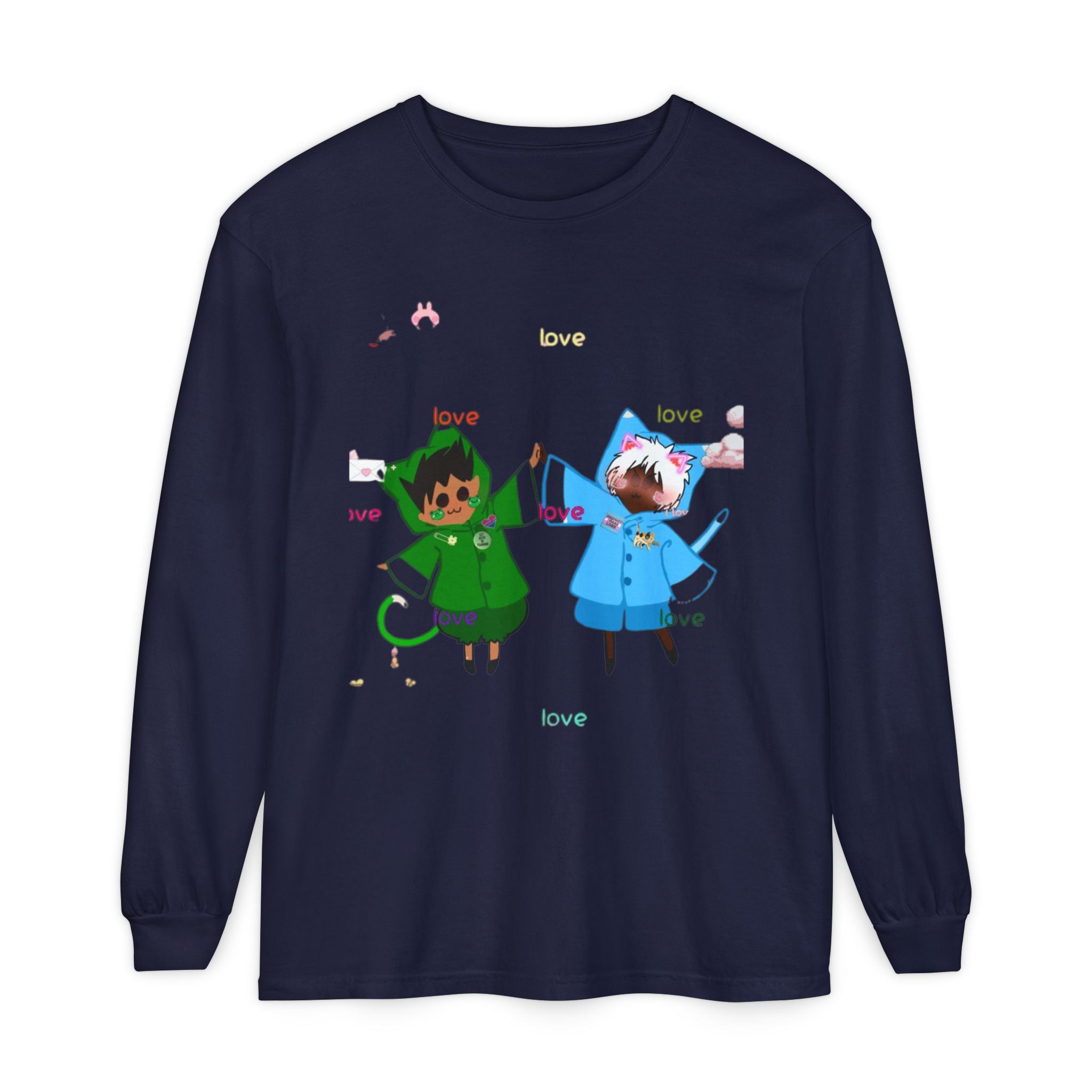 Cute Rainbow Cats Holding Hands Long Sleeve Tee – "Love" Graphic