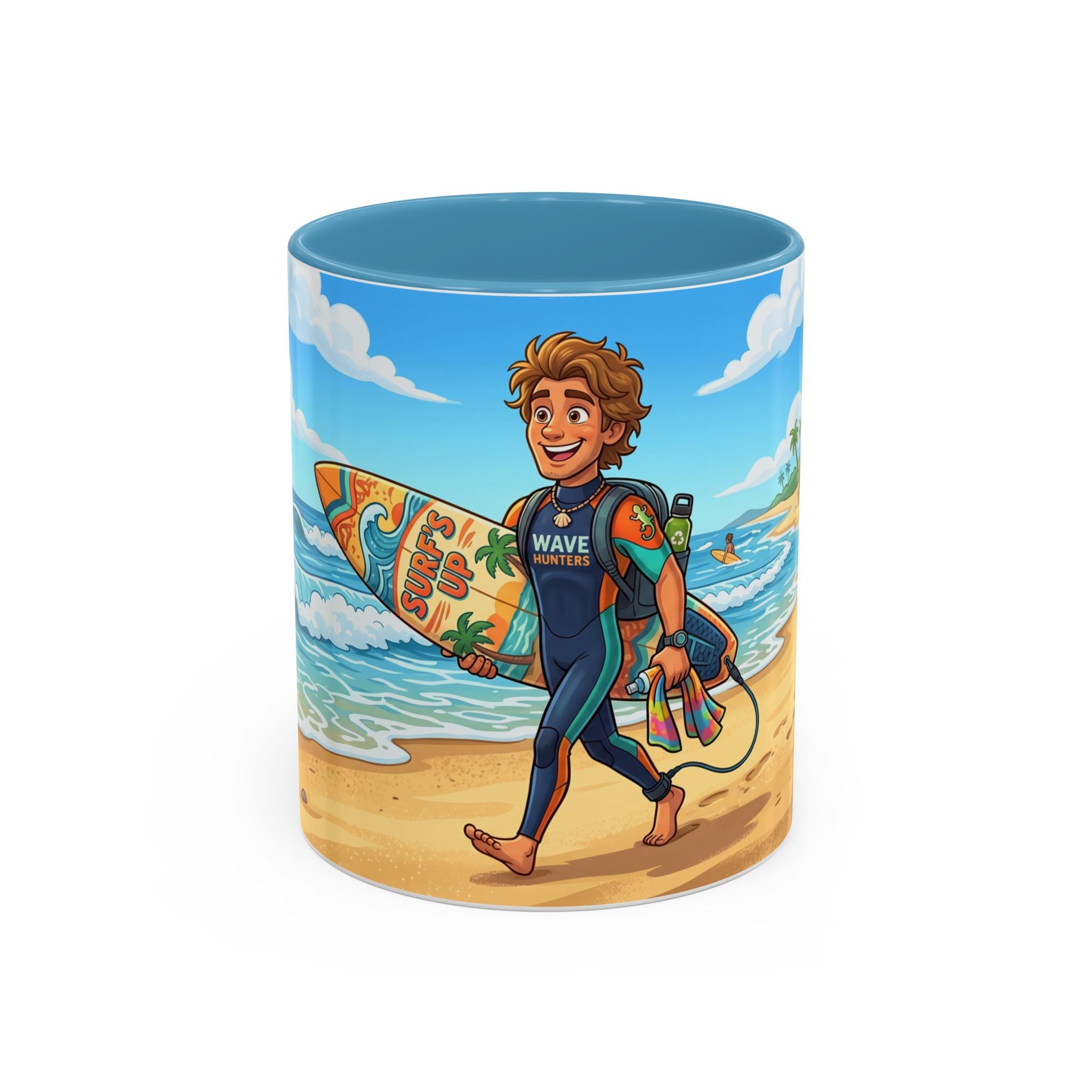Surf Beach Coffee Mug — Cute Surfer Cartoon Design, 11/15oz Accent Mug
