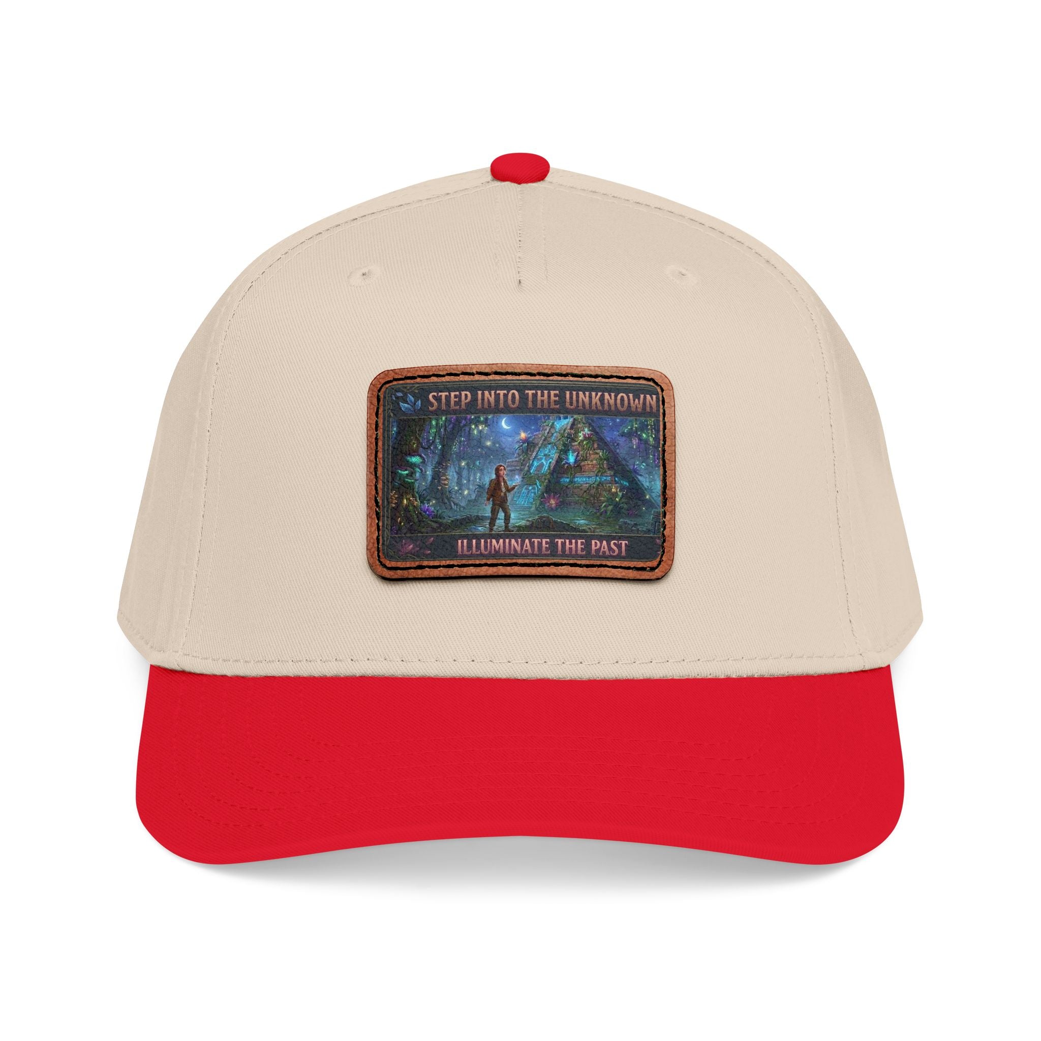 Leather Patch Baseball Cap — "Step Into the Unknown, Illuminate the Past" Forest Adventure Design