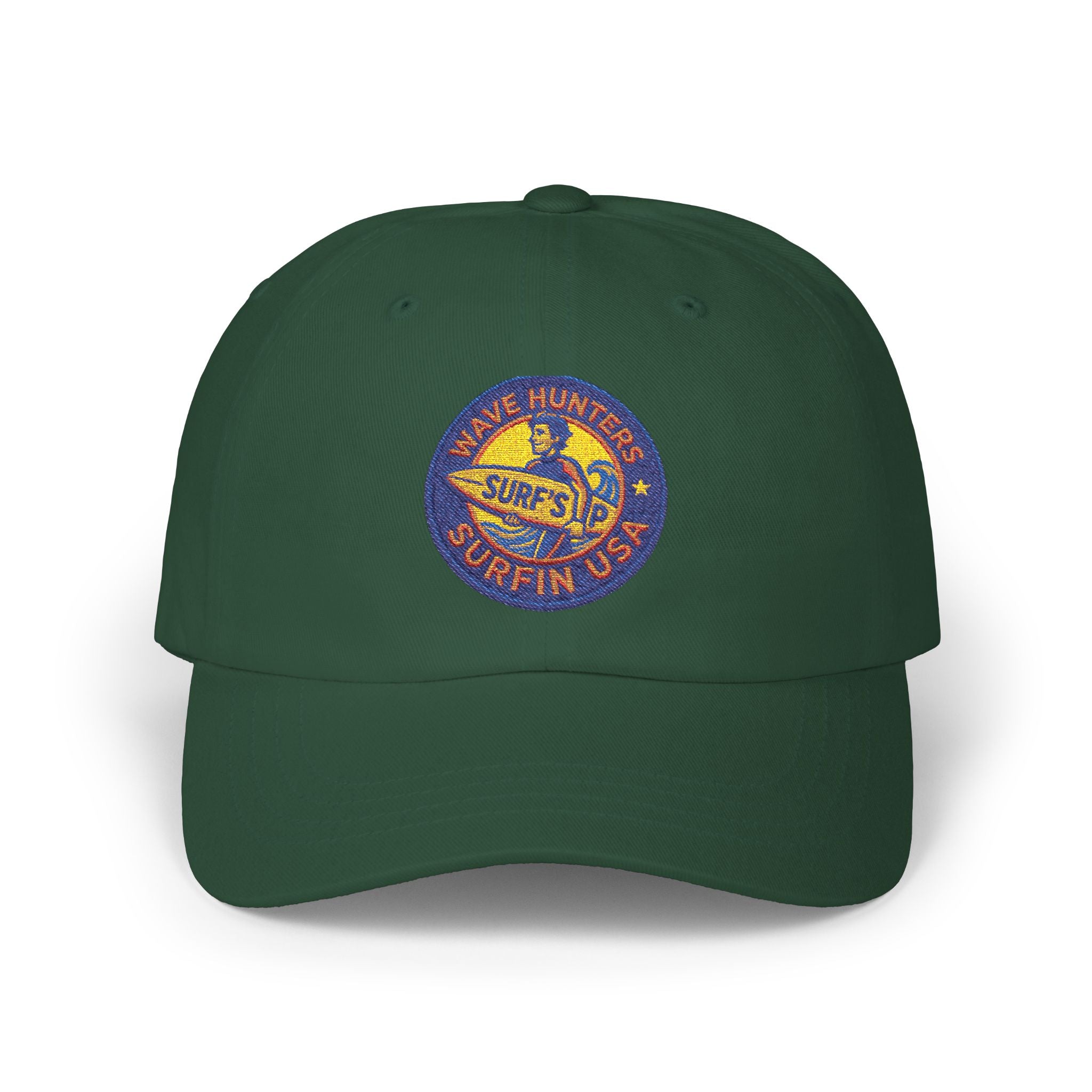 Dad Cap — Retro Surf Patch “Wave Hunter Surfin USA” Embroidered Baseball Hat