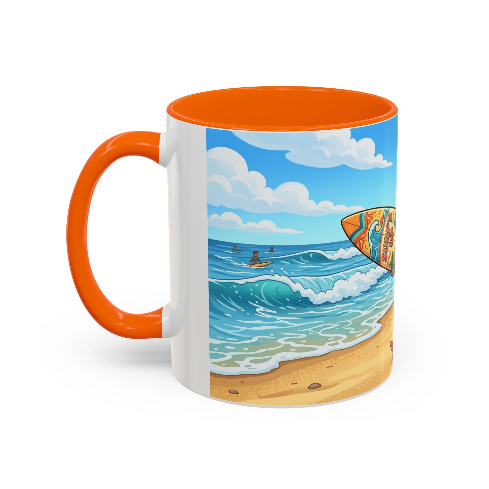 Surf Beach Coffee Mug — Cute Surfer Cartoon Design, 11/15oz Accent Mug