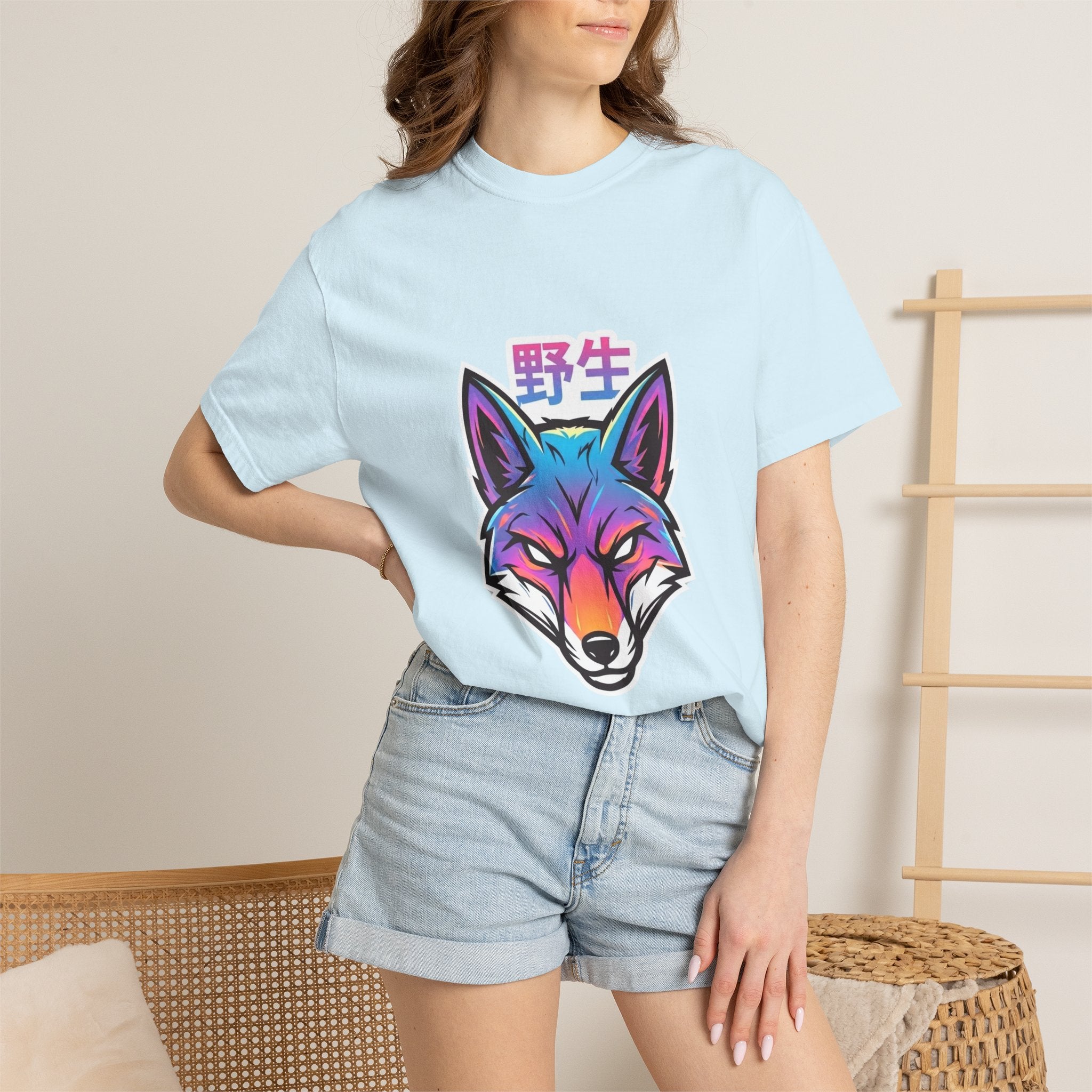 Neon Fox Graphic T-Shirt — Wild (野生) Japanese Kanji Tee