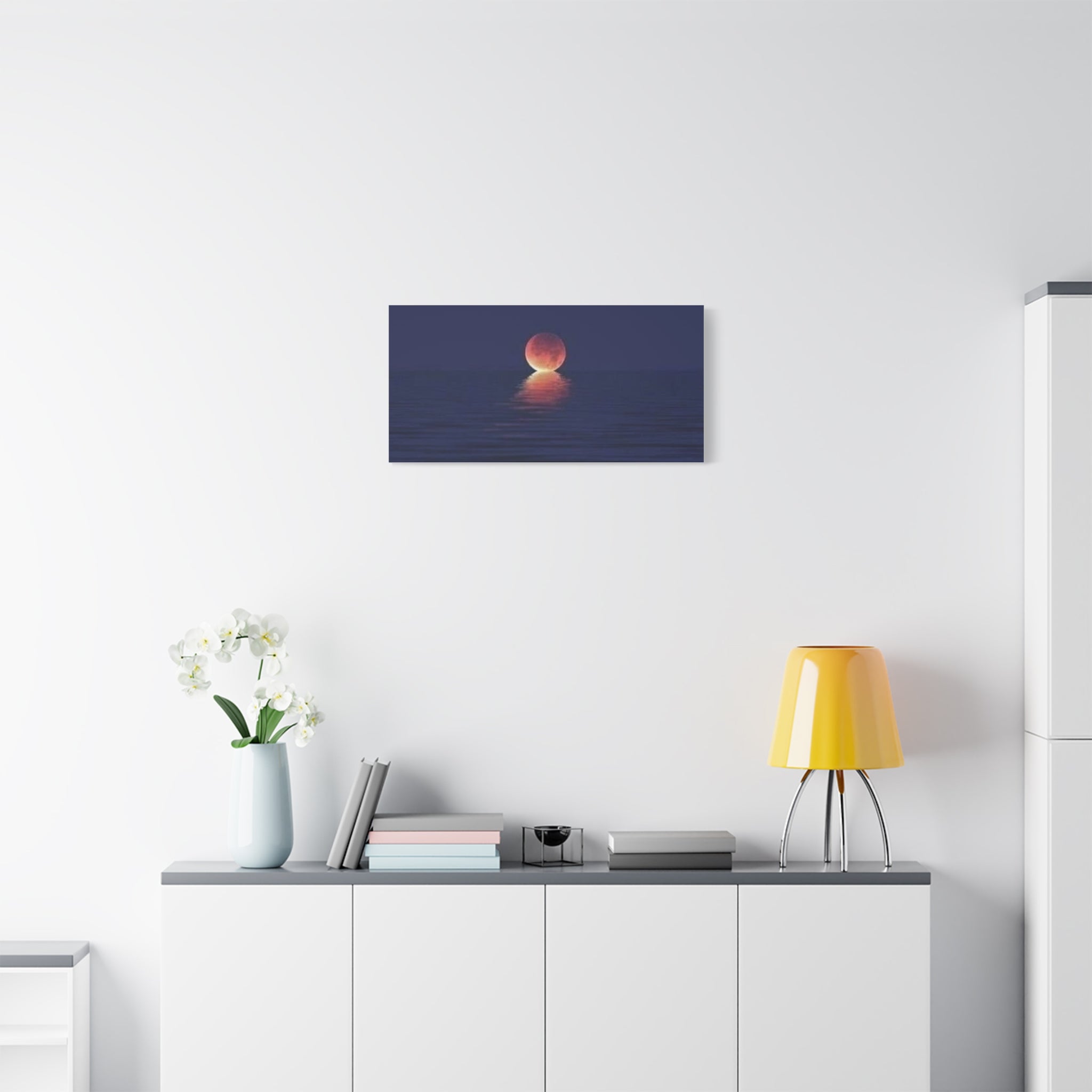 Lunar Reflection Canvas Art — Moonrise Over Calm Sea Stretched Matte Wall Art