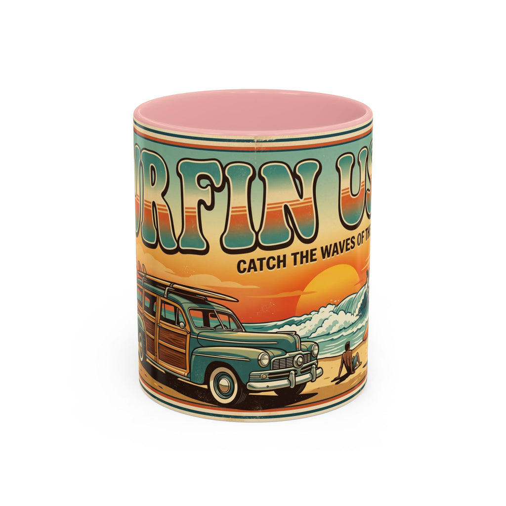 Surfing USA Coffee Mug — Retro Beach Vintage Surfboard Sunset Design