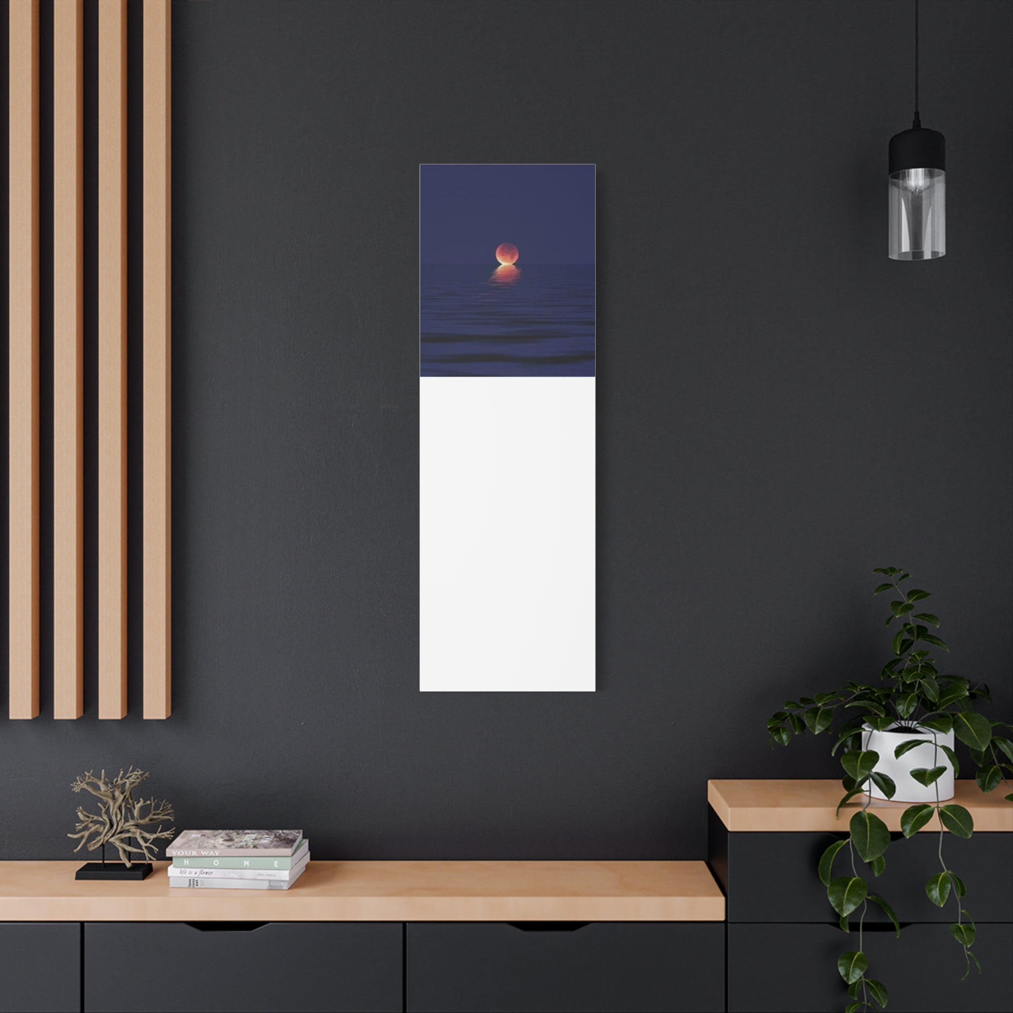 Lunar Reflection Canvas Art — Moonrise Over Calm Sea Stretched Matte Wall Art