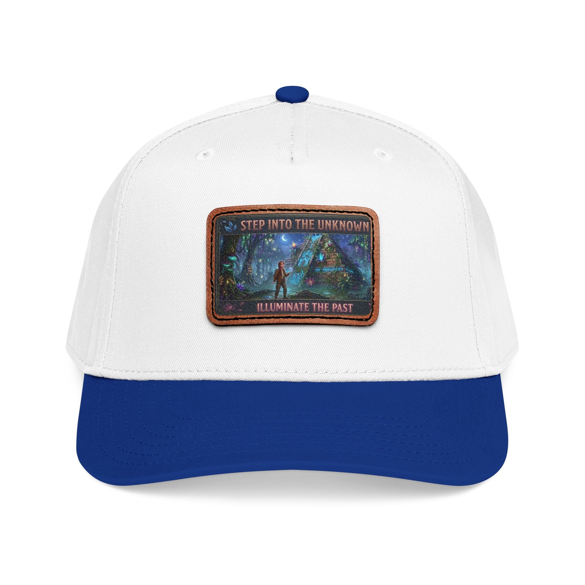 Leather Patch Baseball Cap — "Step Into the Unknown, Illuminate the Past" Forest Adventure Design