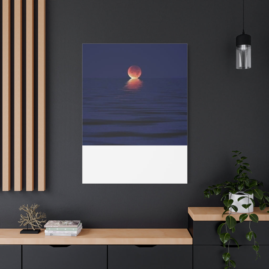Lunar Reflection Canvas Art — Moonrise Over Calm Sea Stretched Matte Wall Art