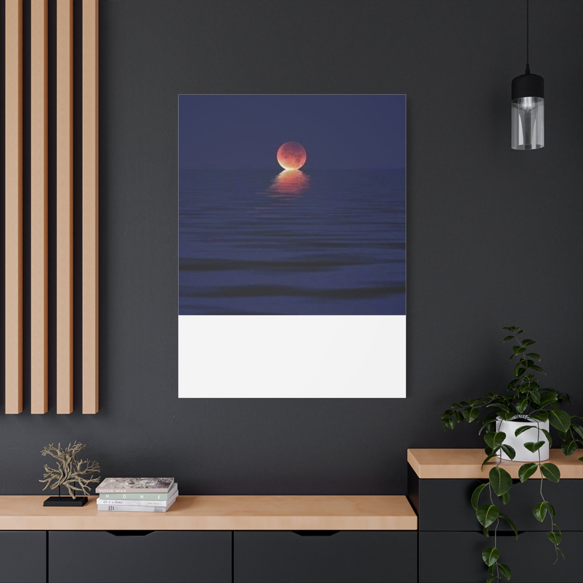 Lunar Reflection Canvas Art — Moonrise Over Calm Sea Stretched Matte Wall Art