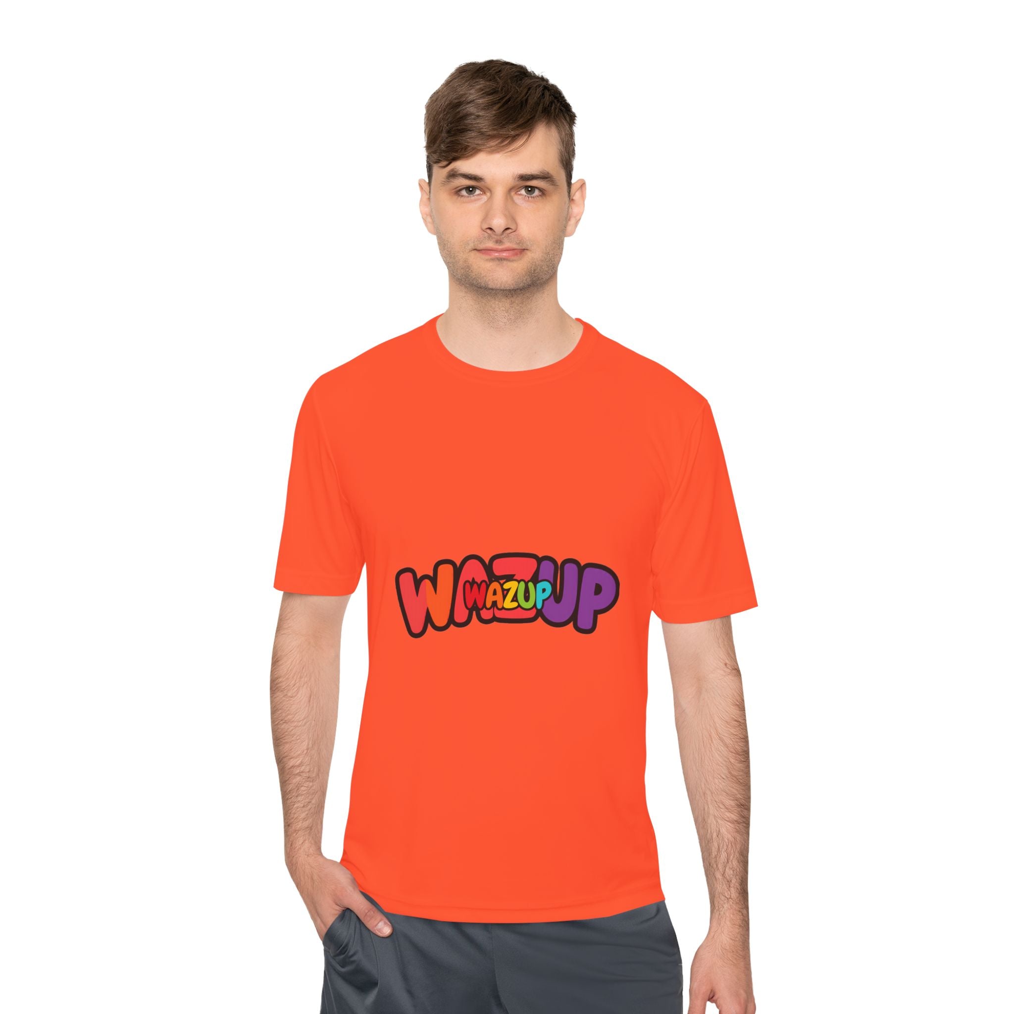 Wazup Colorblock Graphic Tee — Retro Pop 'Wazup' Moisture-Wicking Shirt