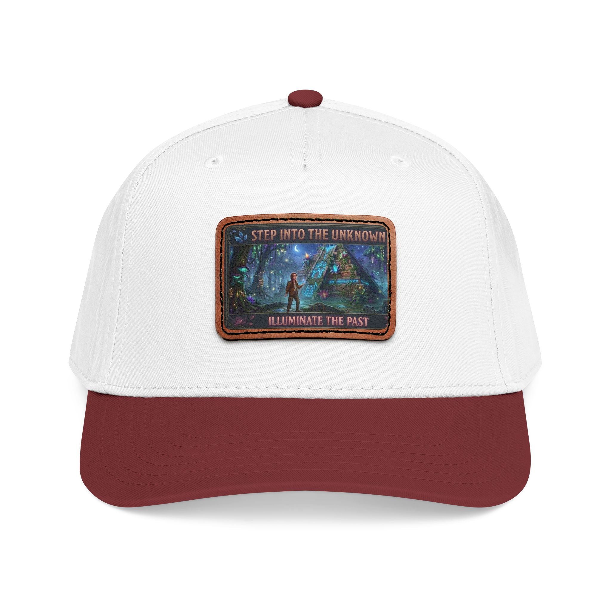 Leather Patch Baseball Cap — "Step Into the Unknown, Illuminate the Past" Forest Adventure Design