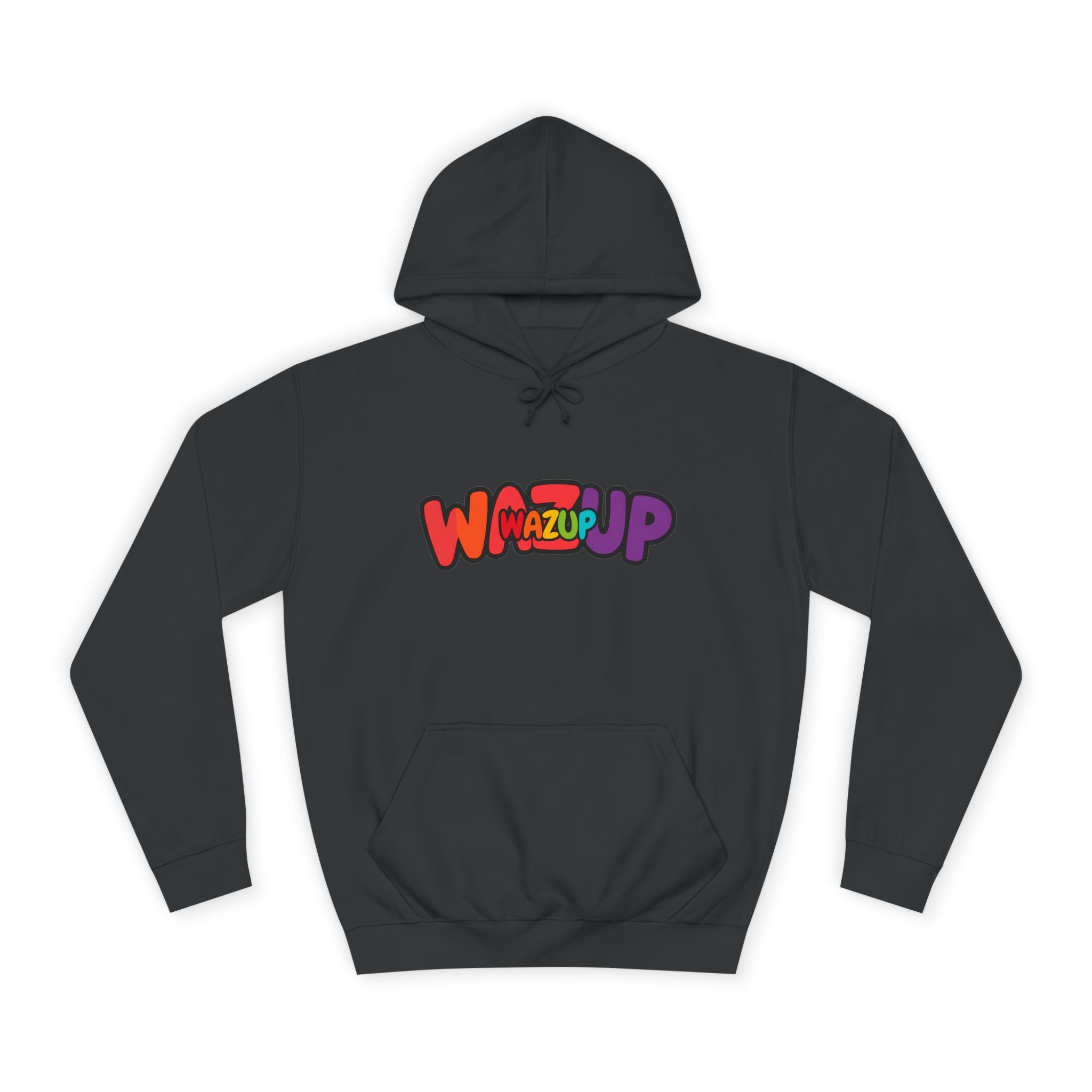 Wazup Colorburst Hoodie — Retro Bubble Letter Graphic Hooded Sweatshirt