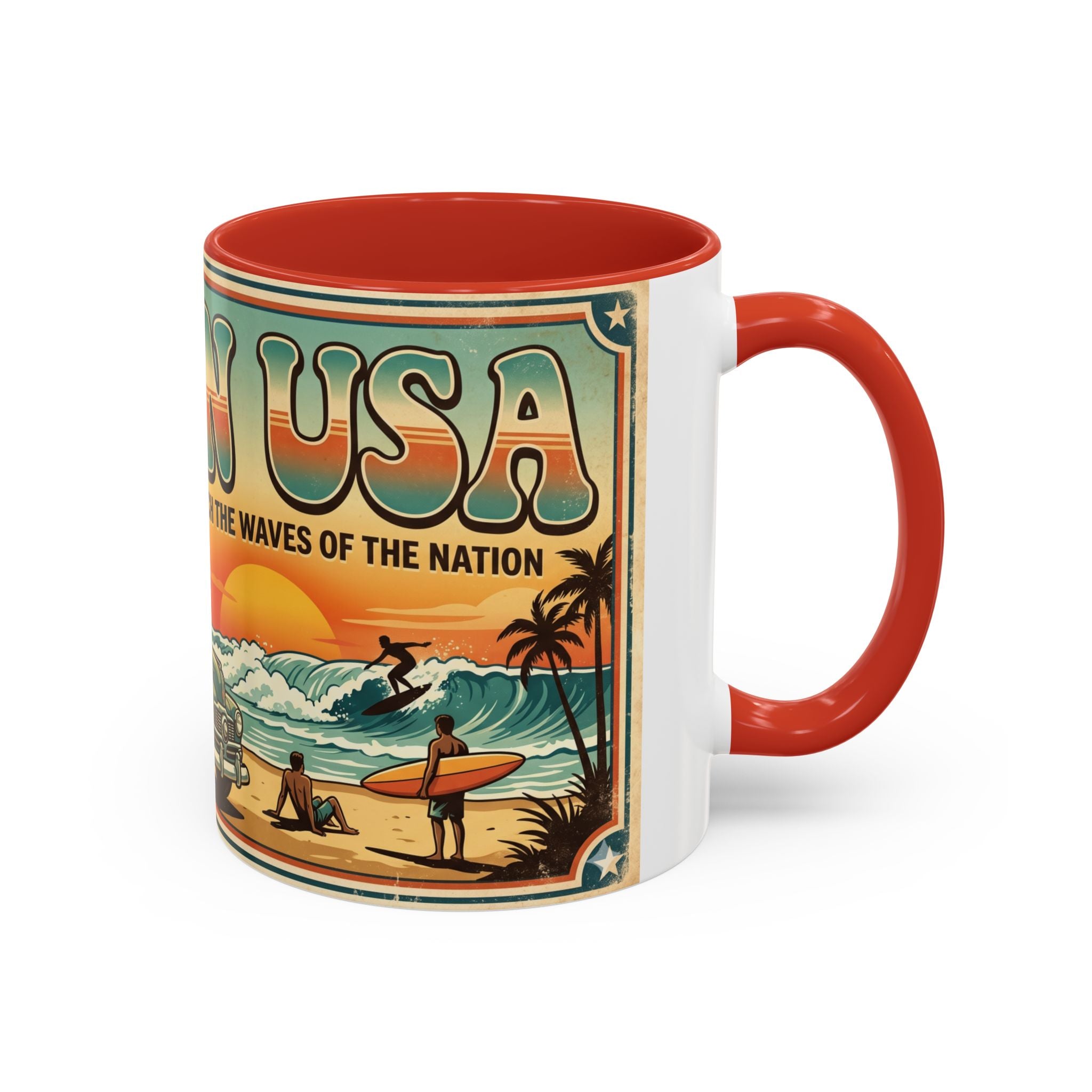 Surfing USA Coffee Mug — Retro Beach Vintage Surfboard Sunset Design